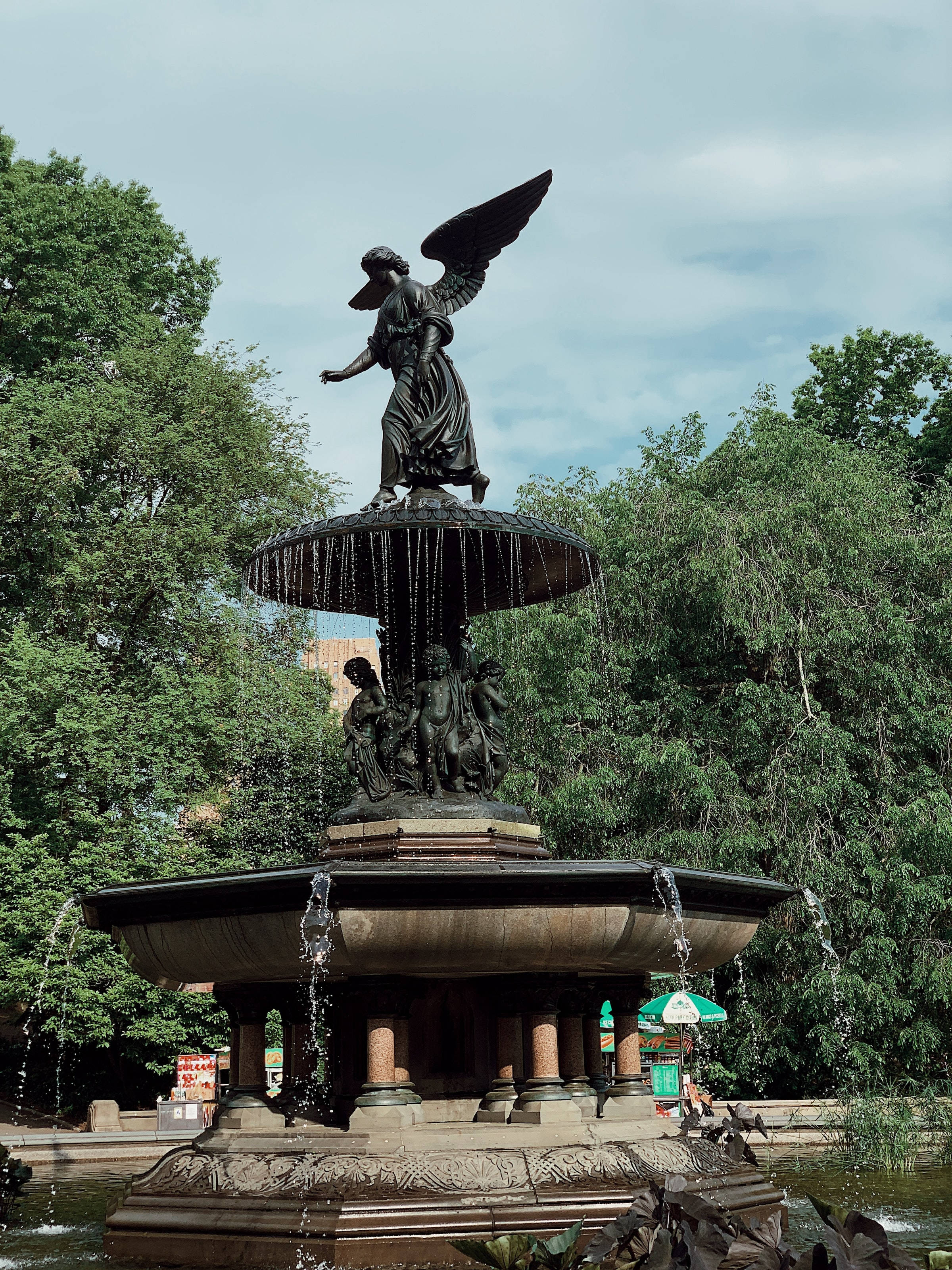 fountain statue, Central Park, bronze fountain, 2K Phone Wallpaper