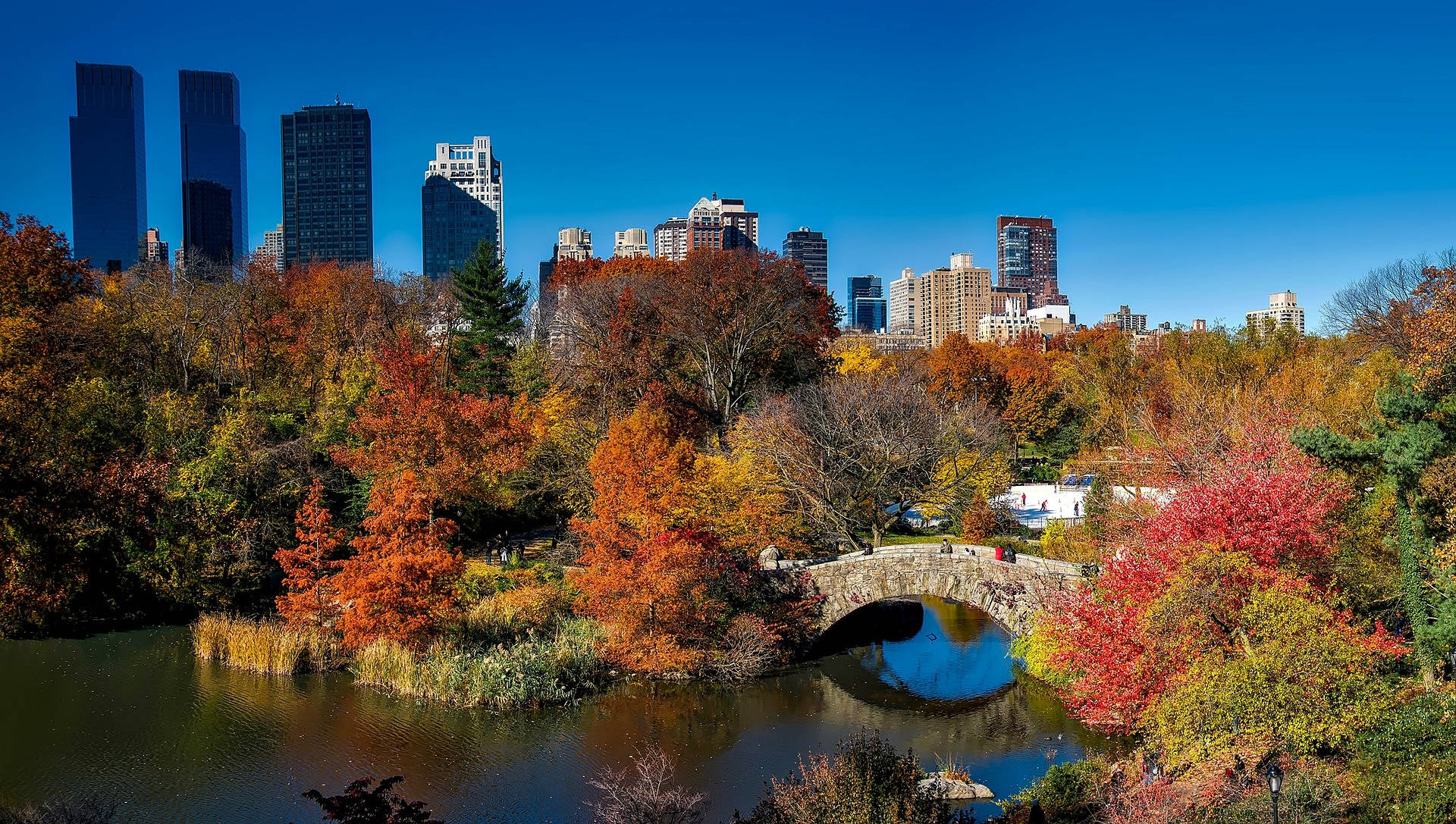 Central Park, stone bridge, calm pond, Full HD Desktop Wallpaper