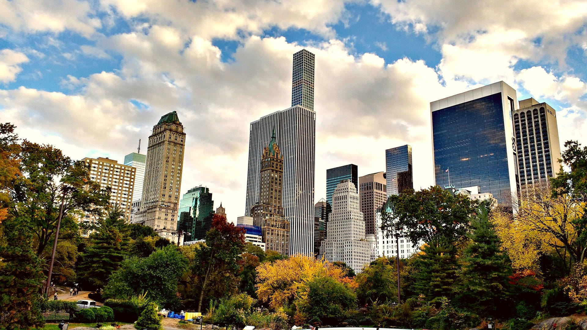 Central Park, skyscrapers, autumn trees, Full HD Desktop Wallpaper