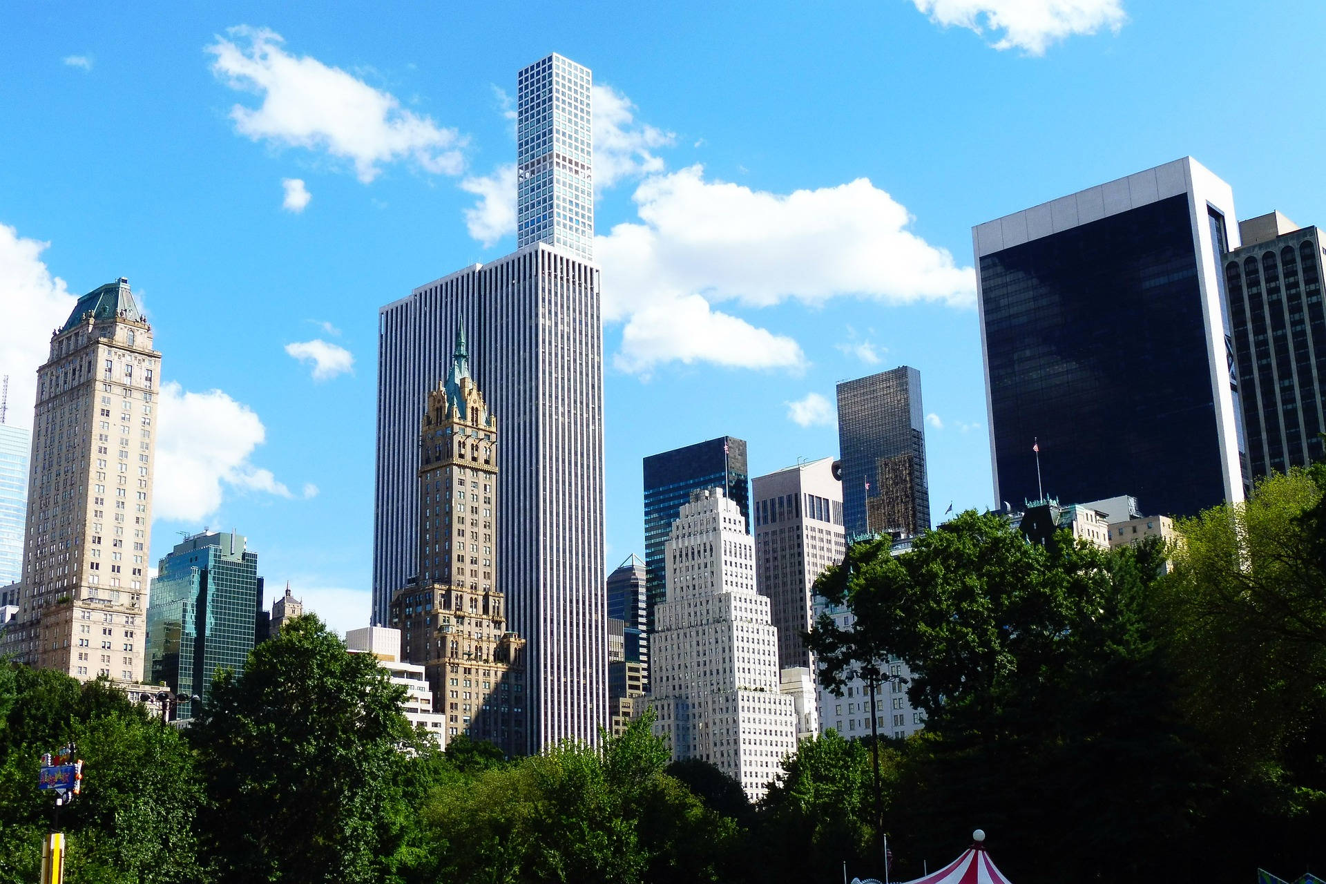 tall buildings, Central Park, bright blue sky, Full HD Desktop Wallpaper