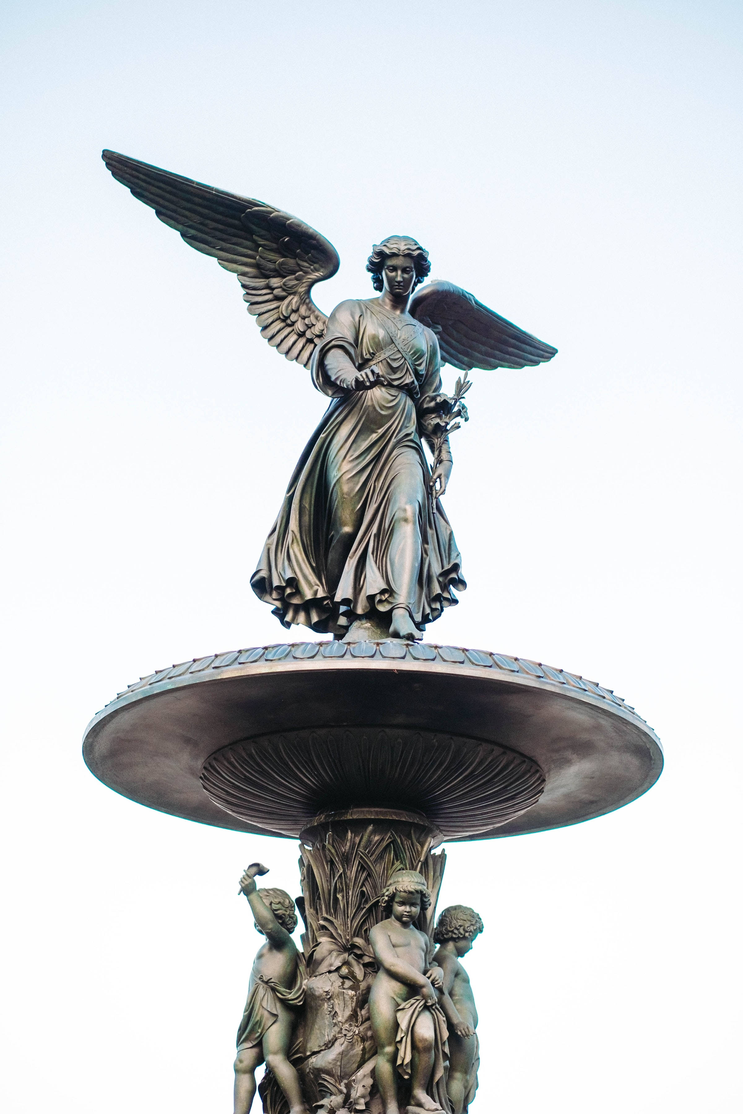 angelic statue, Central Park, bronze angel statue, 2K Phone Wallpaper