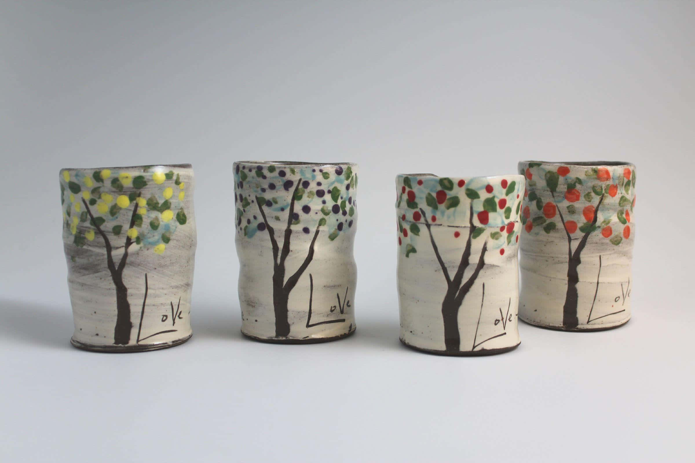 Ceramics, hand-painted ceramic cups, stylized tree, Full HD Desktop Wallpaper