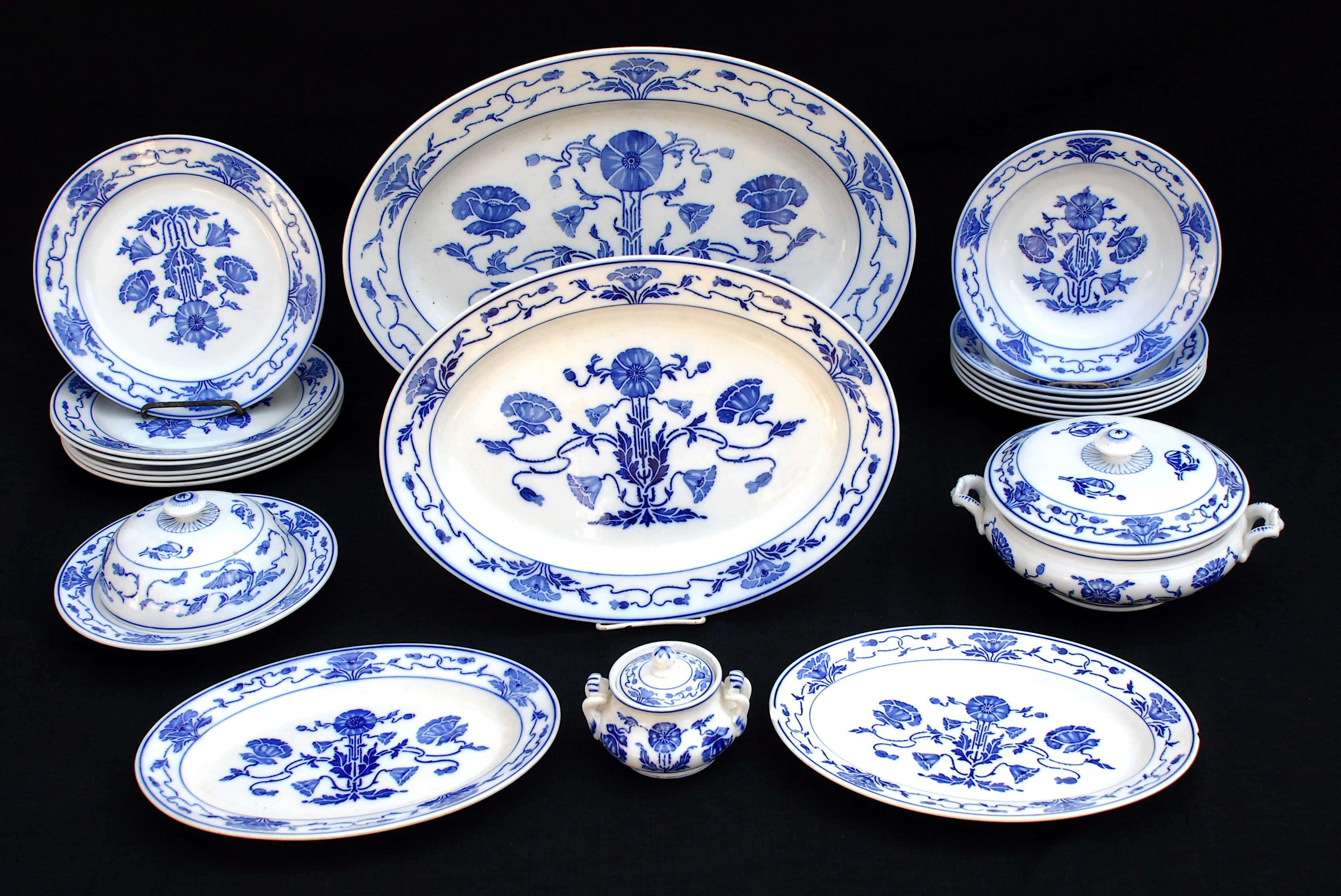 blue and white porcelain, intricate floral patterns, black background, 2K Desktop Wallpaper