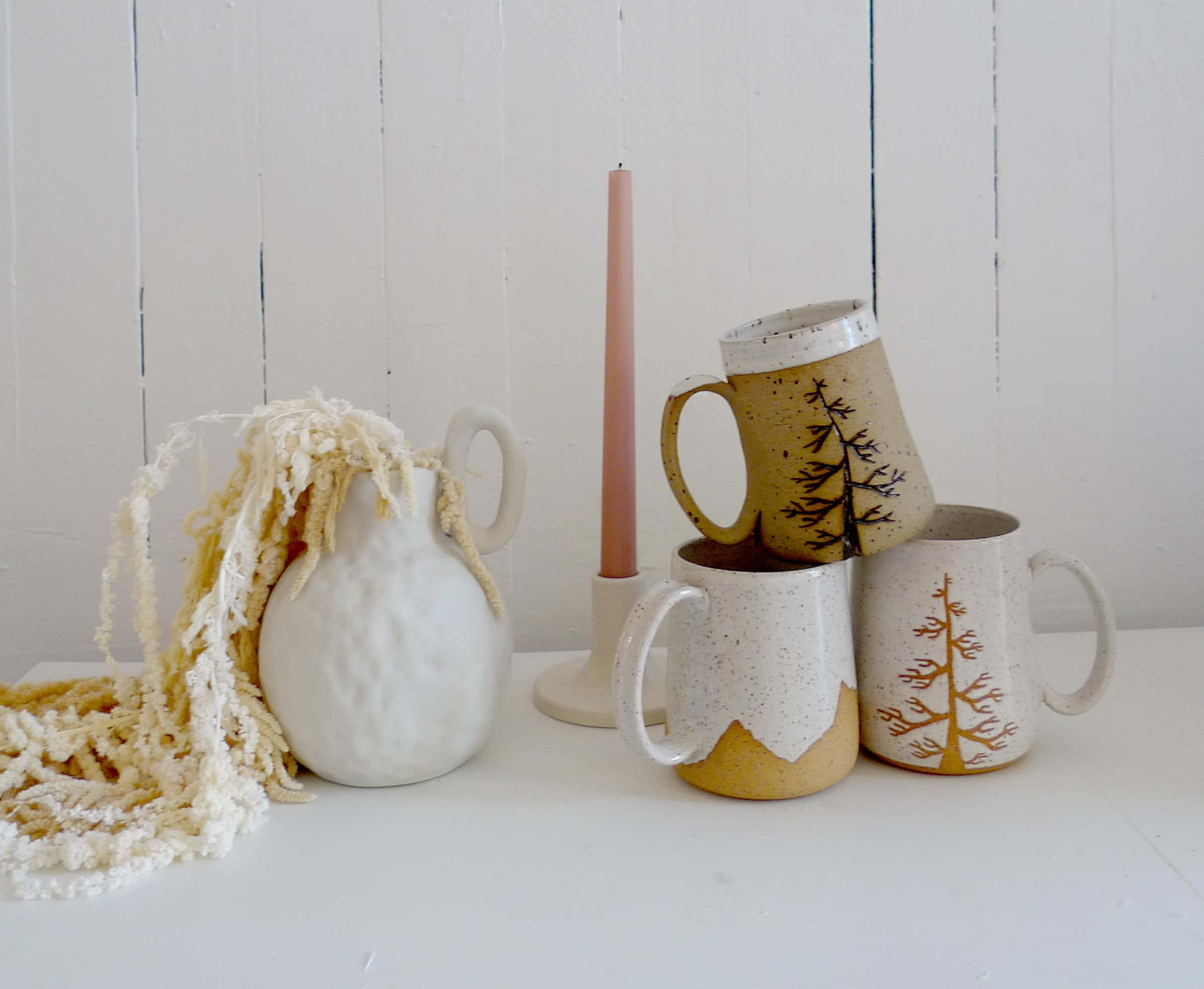 ceramic mugs, tree designs, white vase, Full HD Desktop Wallpaper
