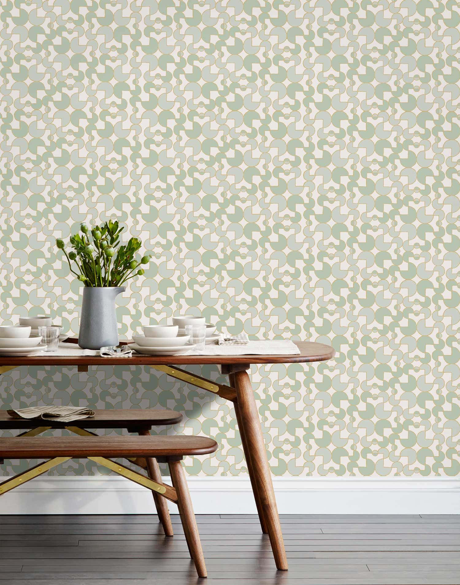 white dishes, gray vase of greenery, light green geometric patterned wallpaper, HD Phone Wallpaper
