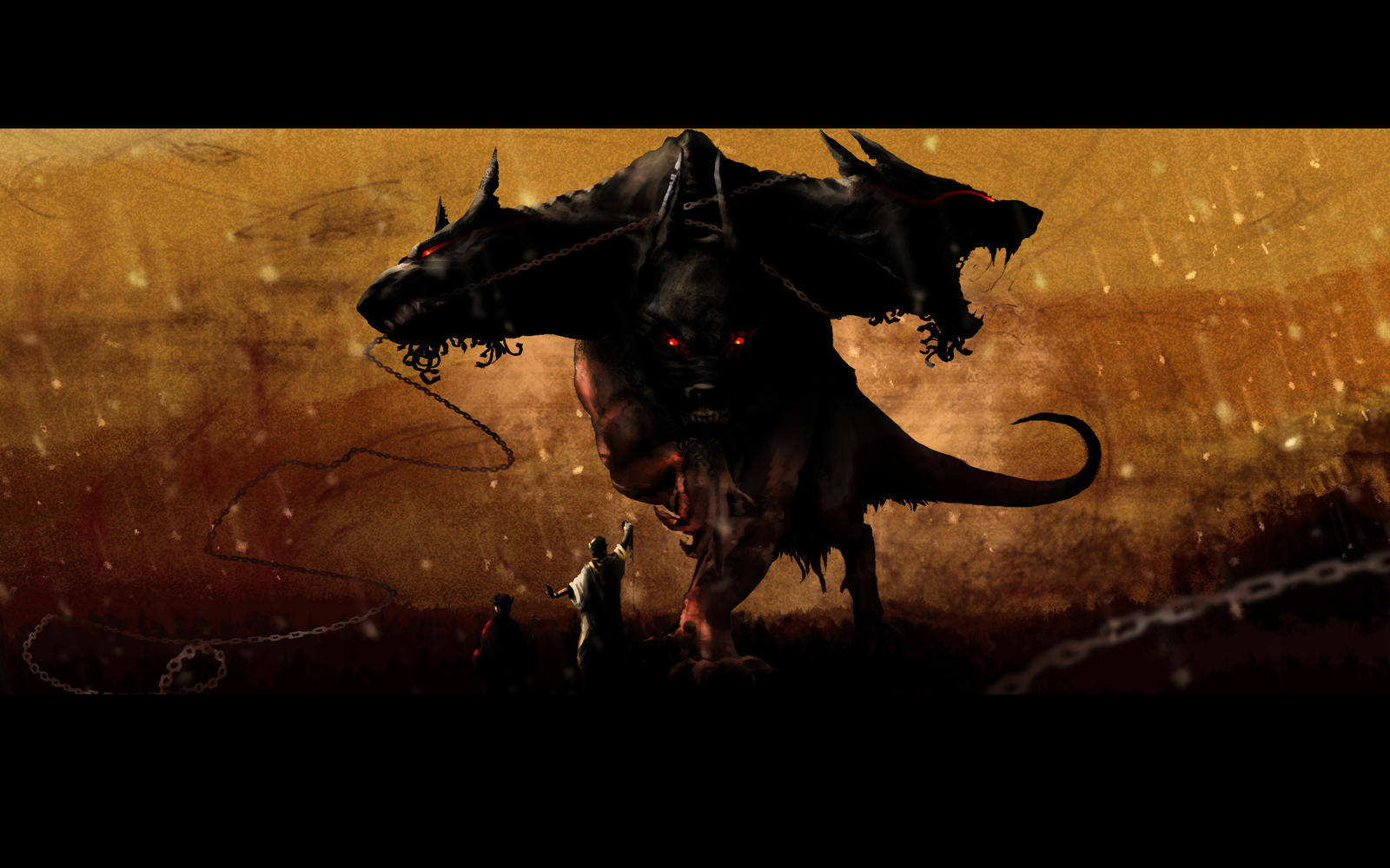 Cerberus, three-headed dog, glowing red eyes, HD Desktop Wallpaper
