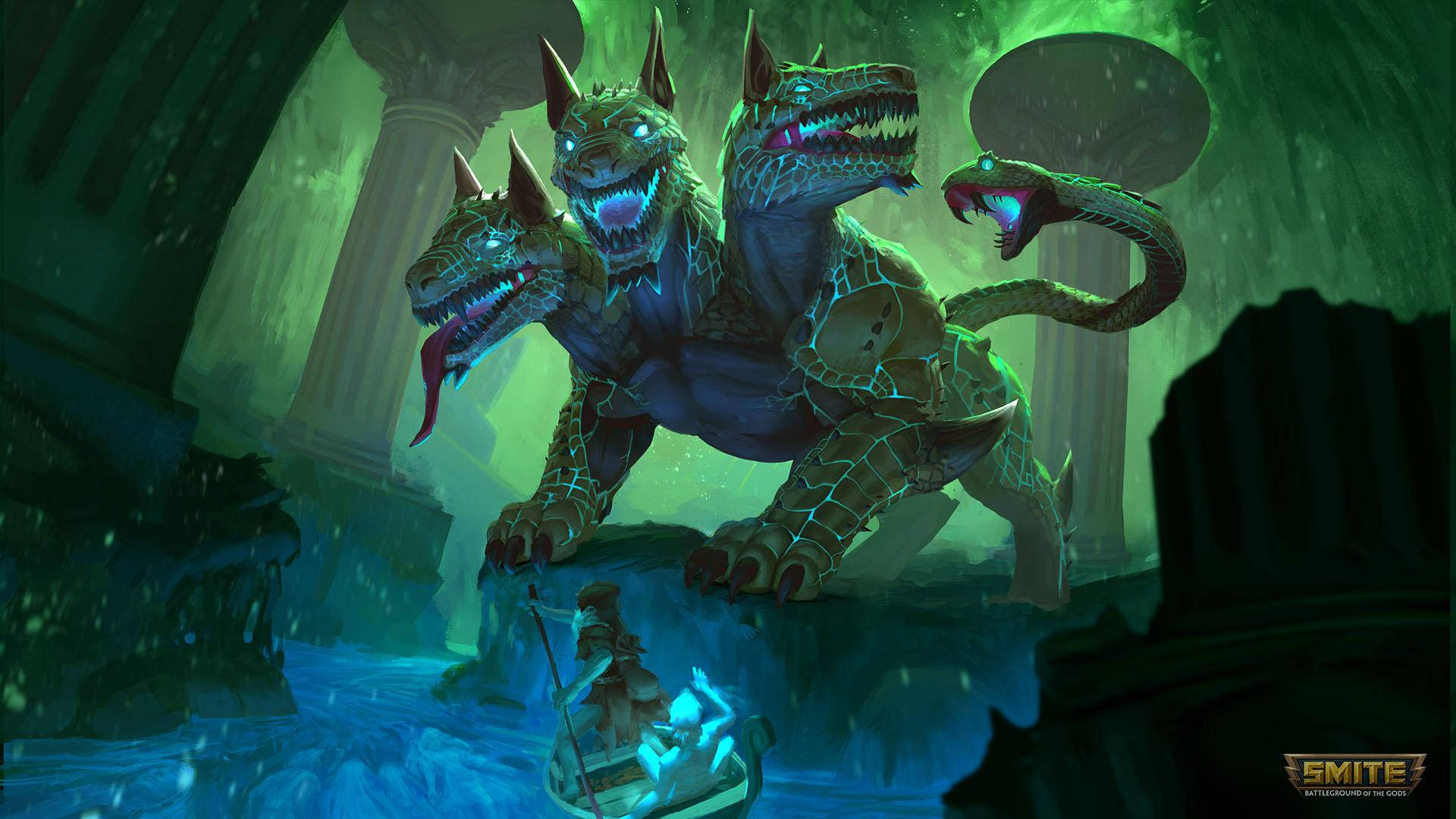 Cerberus, three-headed monstrous serpent, glowing blue eyes, Full HD Desktop Wallpaper