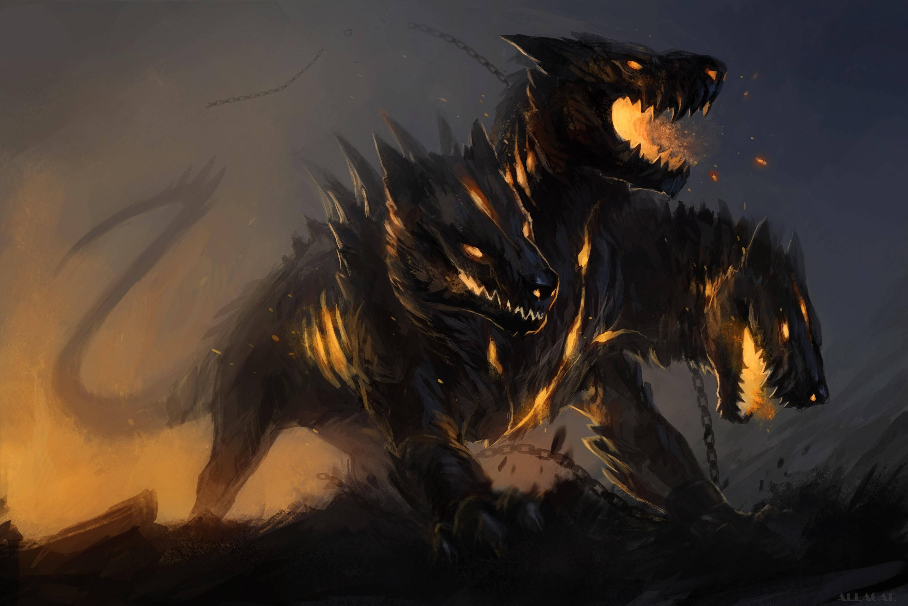 Cerberus, Black Fire, three-headed black hellhound, 2K Desktop Wallpaper