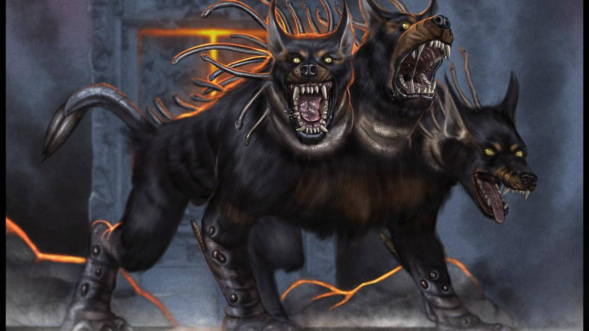 Cerberus, snake back, three-headed black hellhound, Full HD Desktop Wallpaper