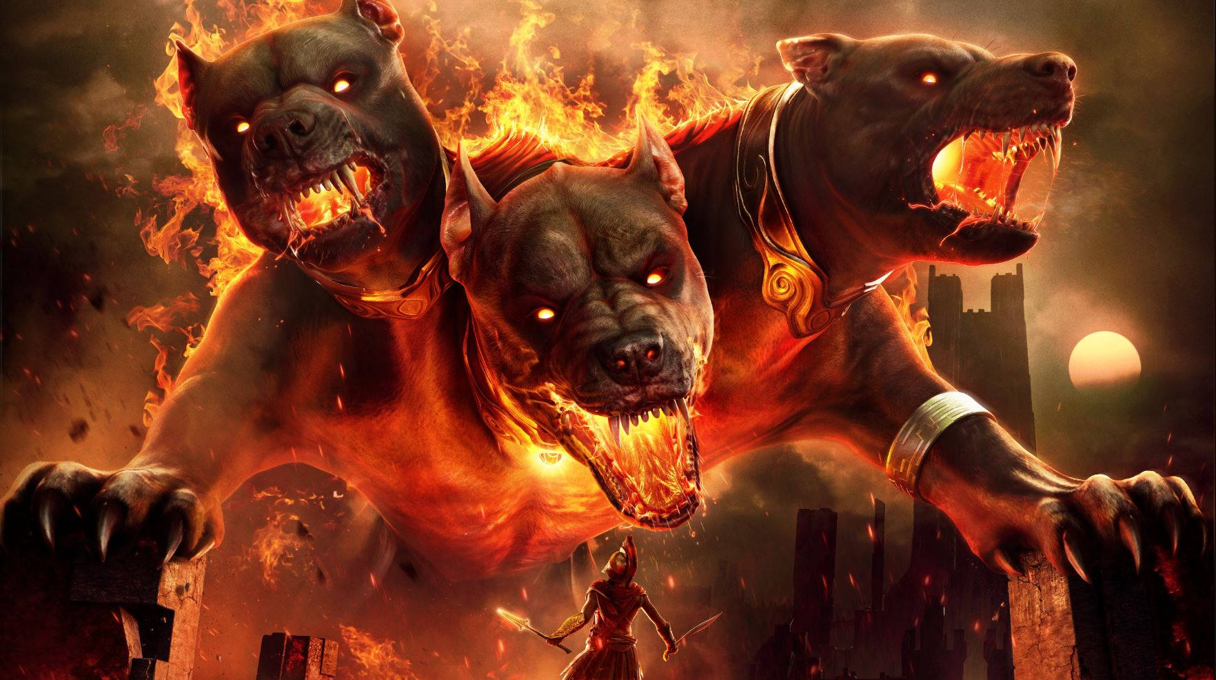 Fiery Cerberus, Full Moon, flaming hellhounds, HD Desktop Wallpaper