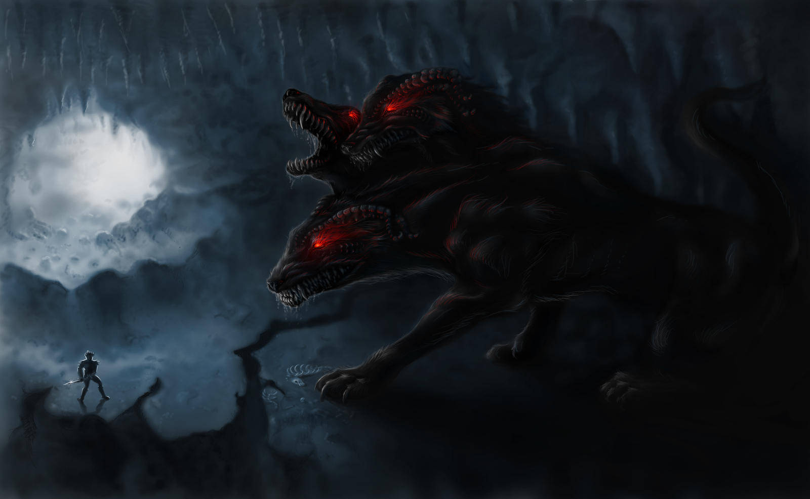 Cerberus, two-headed demonic beast, glowing red eyes, HD Desktop Wallpaper