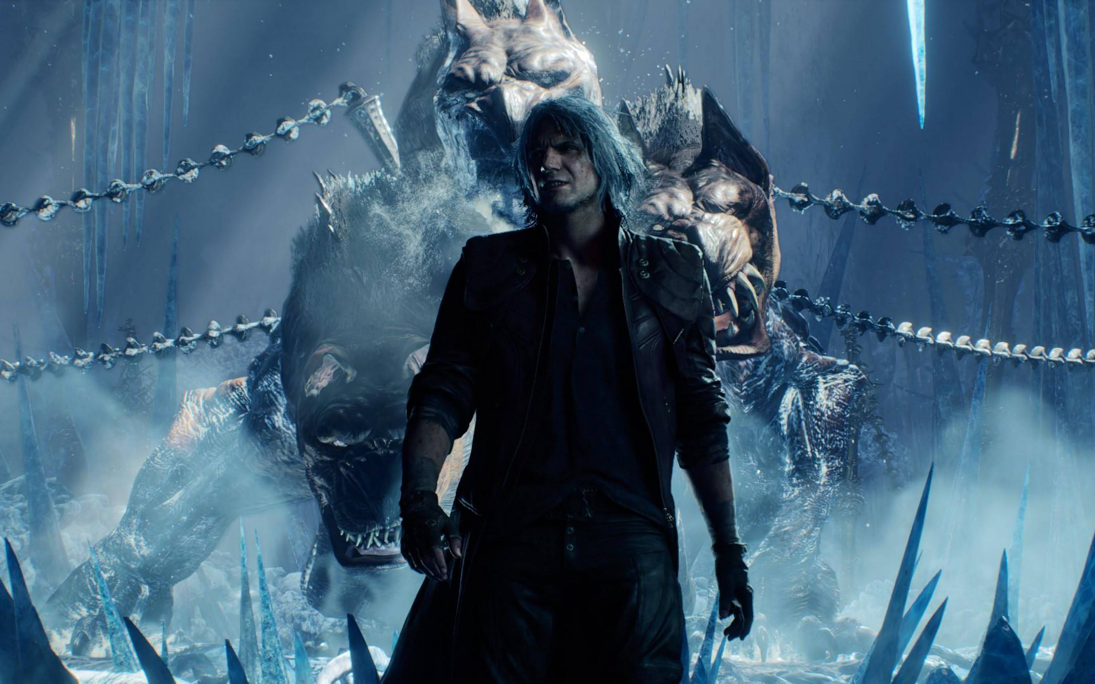 icy chained cerberus, dark-haired man, black leather, 4K Desktop Wallpaper