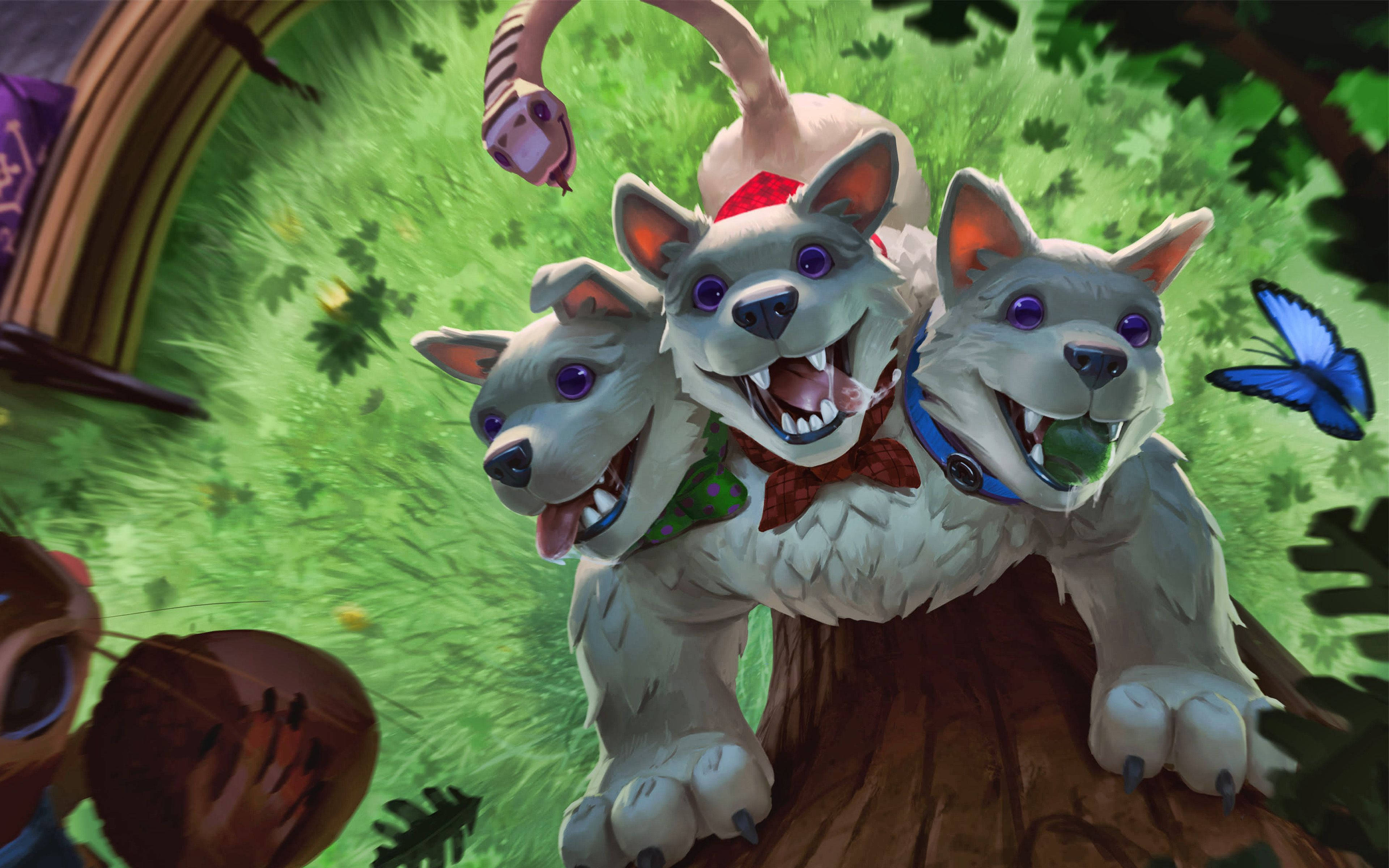 Cerberus, purple eyes, tree stump, 4K Desktop Wallpaper