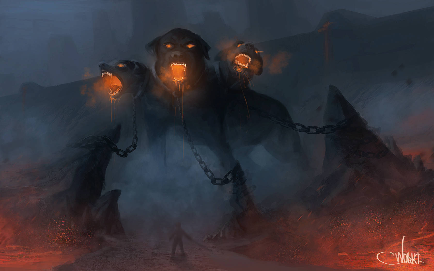 Cerberus, glowing orange eyes, dripping fangs, HD Desktop Wallpaper
