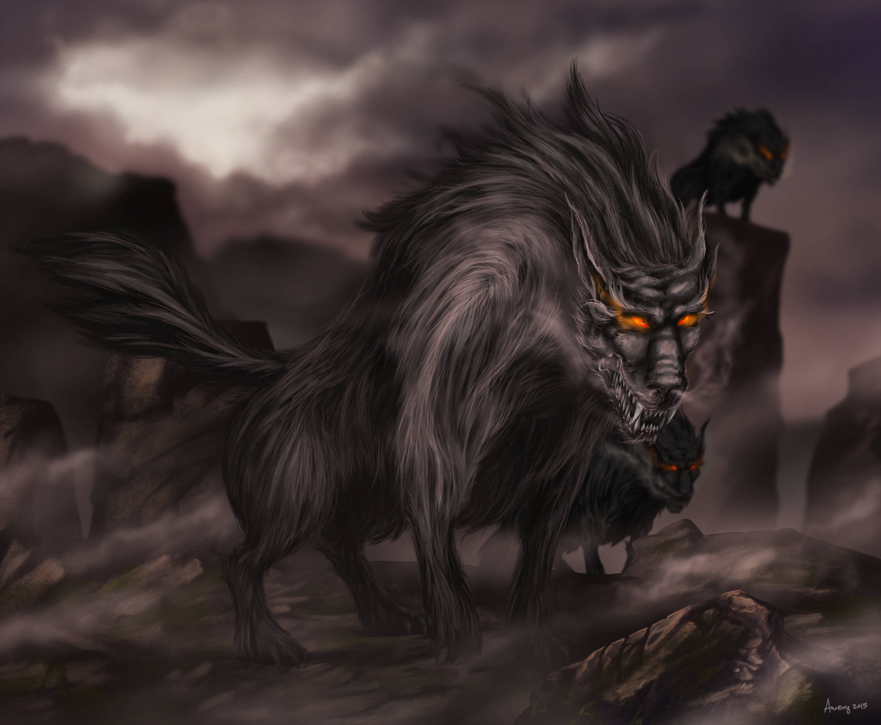 Cerberus, glowing orange eyes, misty mountains, 2K Desktop Wallpaper