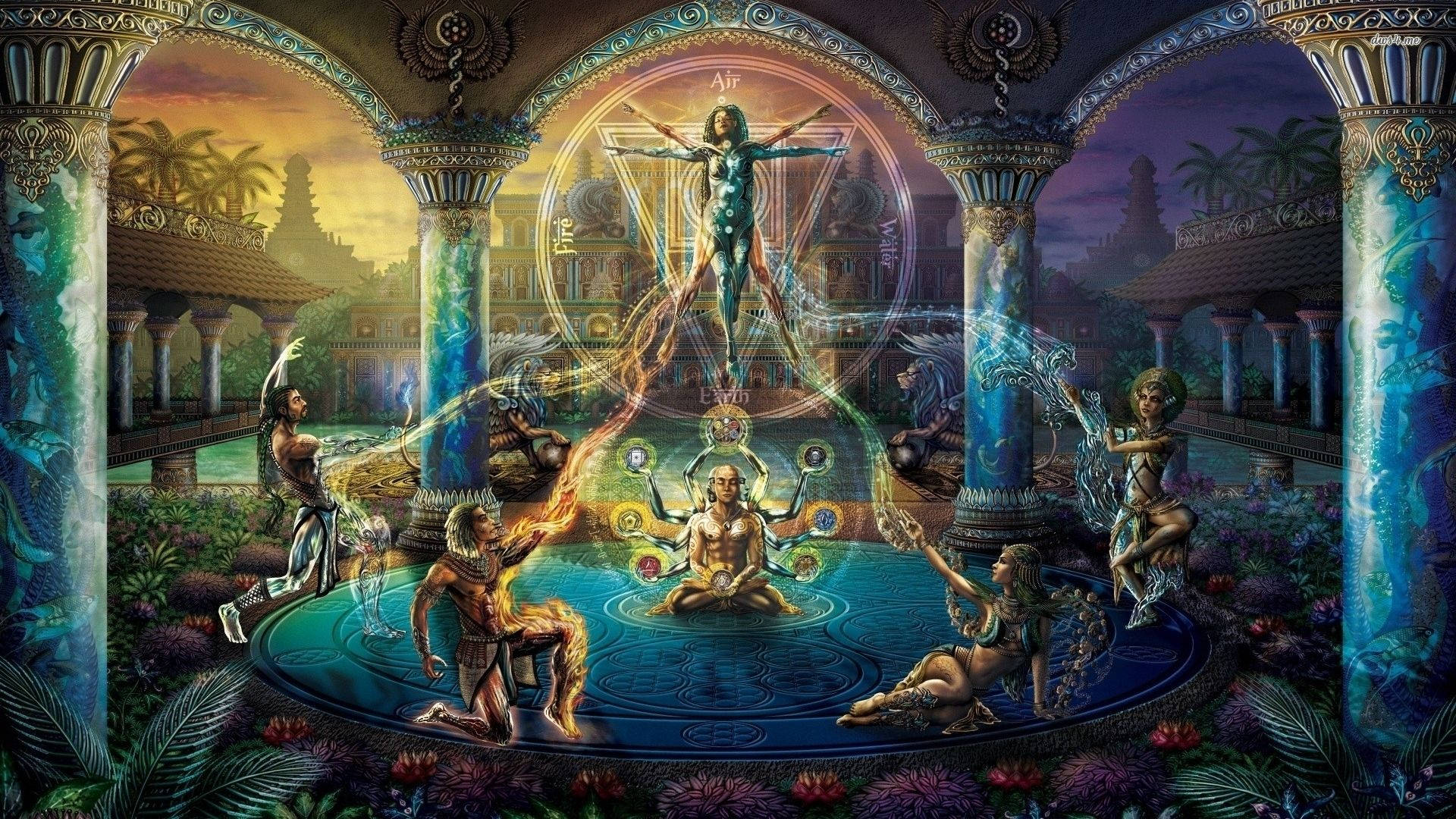 Cerberus, earth element symbols, temple courtyard, Full HD Desktop Wallpaper