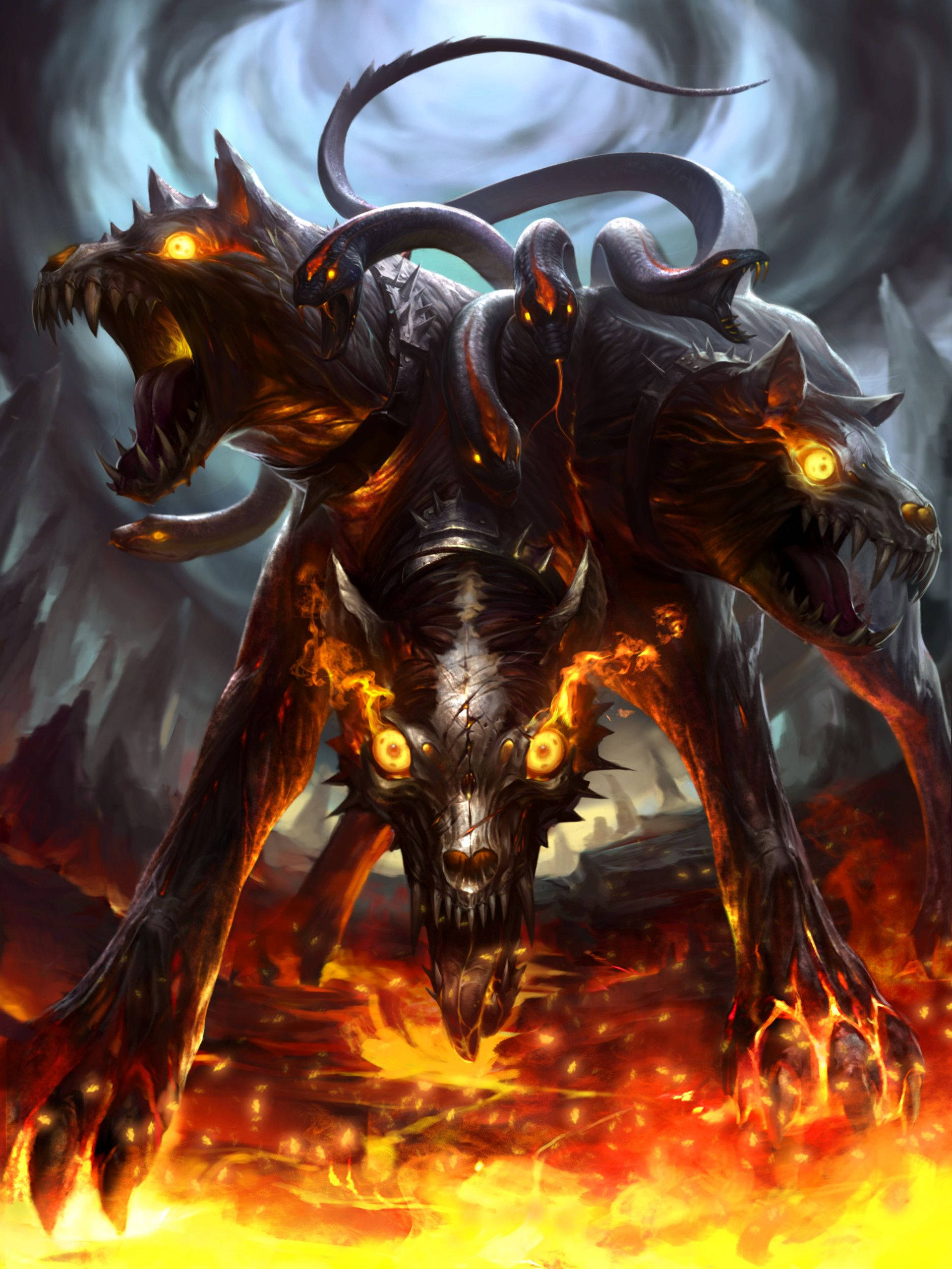 Cerberus, three-headed hellhound, glowing yellow eyes, 2K Phone Wallpaper