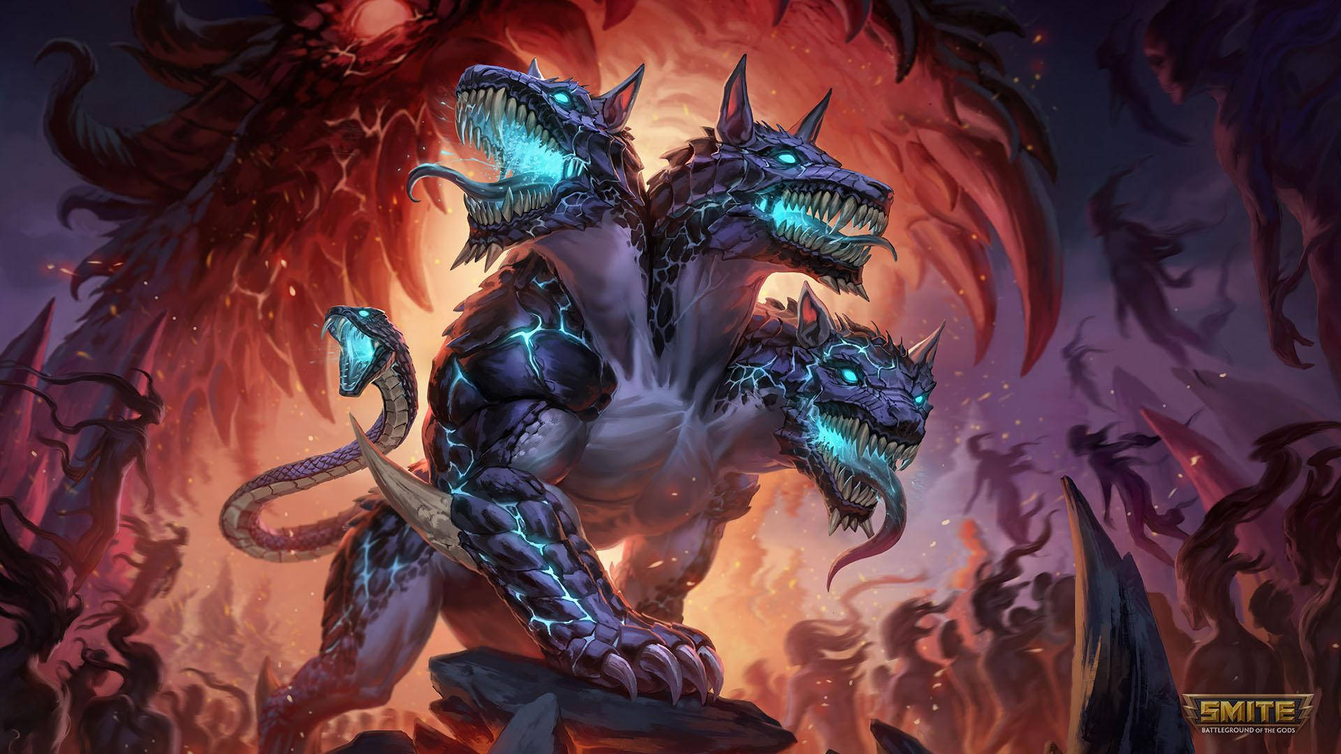 Cerberus, dragon mouth, glowing blue eyes, Full HD Desktop Wallpaper