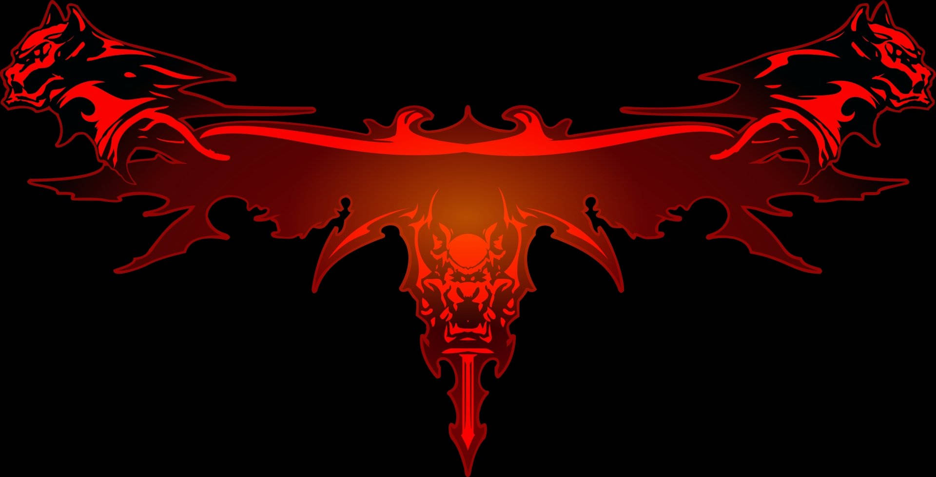 Red Cerberus Logo, fiery red demonic bat, wolf heads, Full HD Desktop Wallpaper