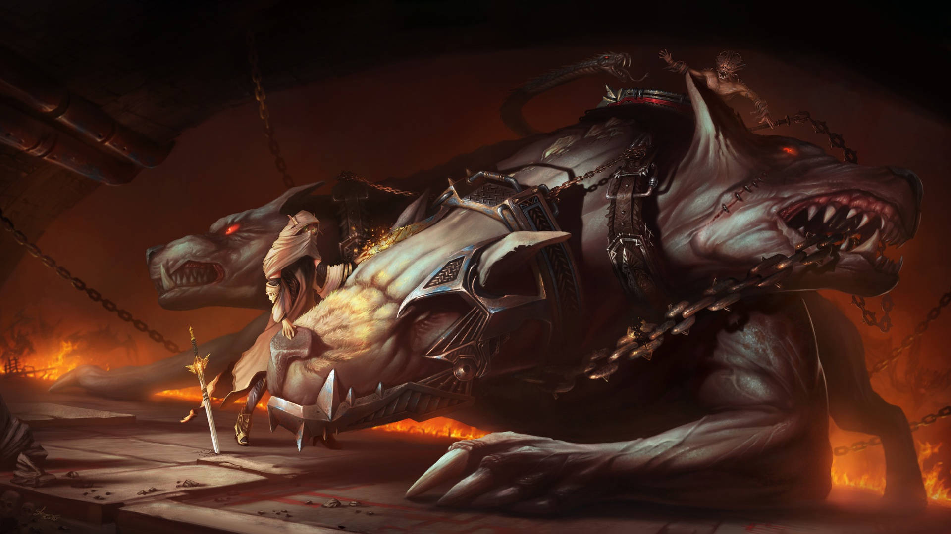 Cerberus, massive chained hellhound, glowing red eyes, Full HD Desktop Wallpaper
