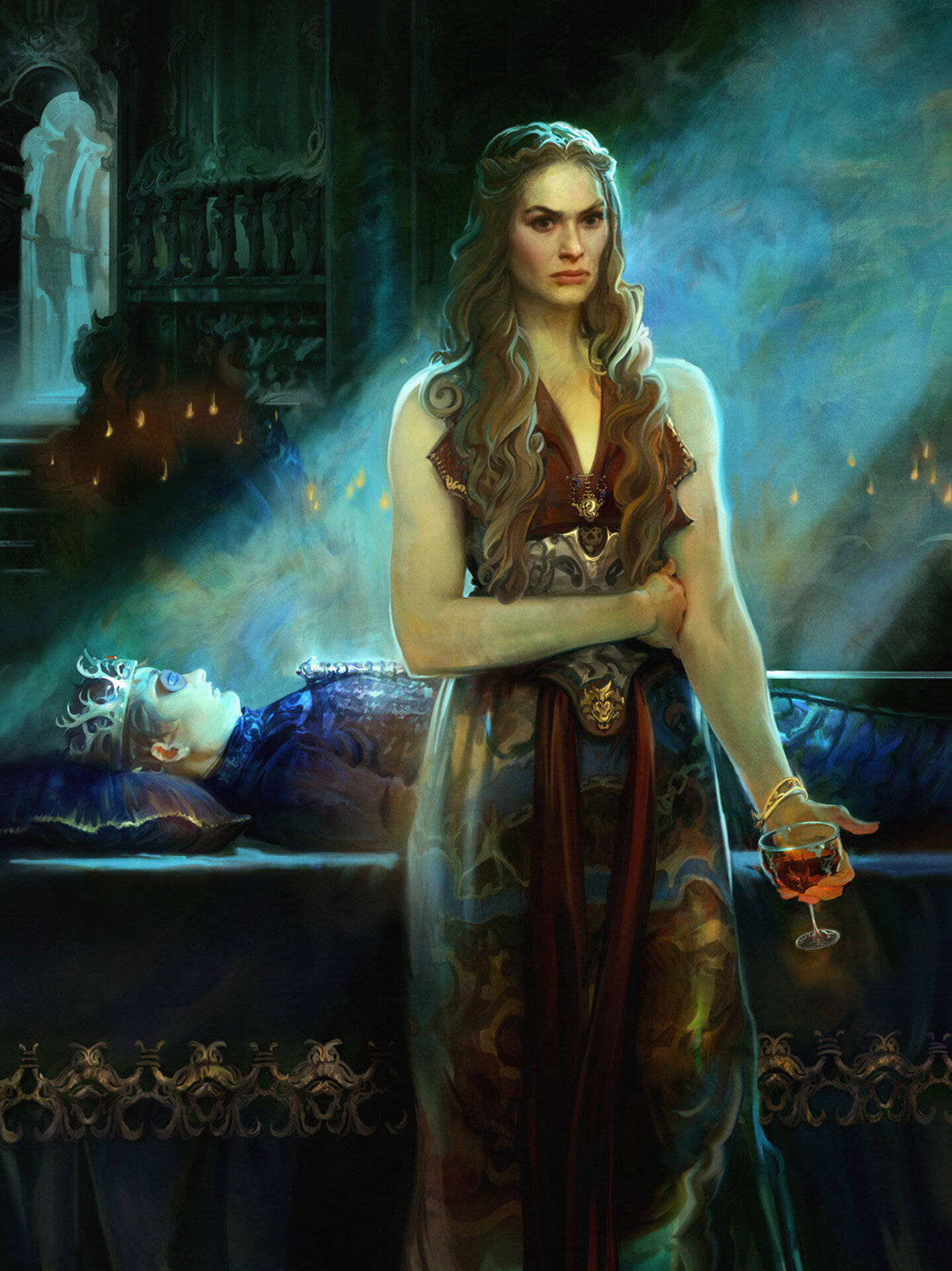 Cersei Lannister, ornate robes, wine glass, Full HD Phone Wallpaper