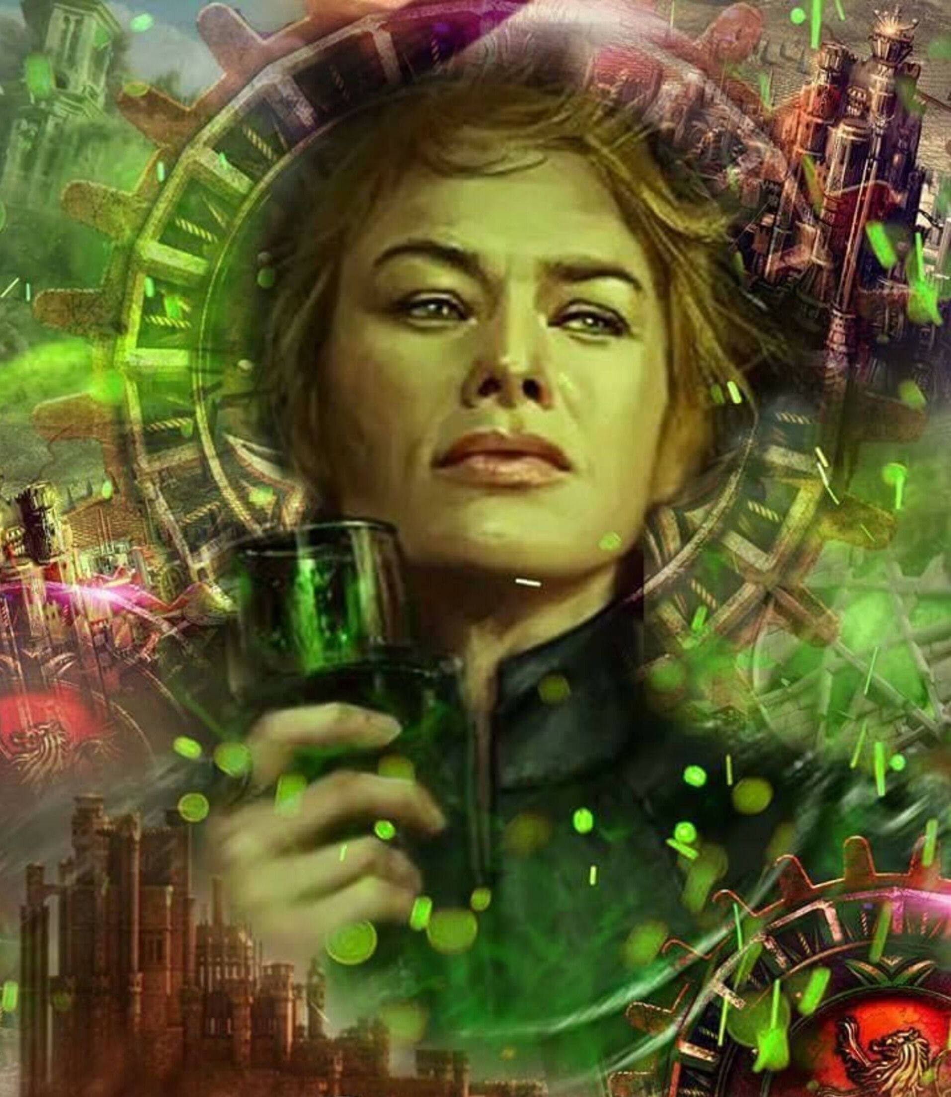 Cersei Lannister, glowing green vial, steampunk gears, Full HD Phone Wallpaper