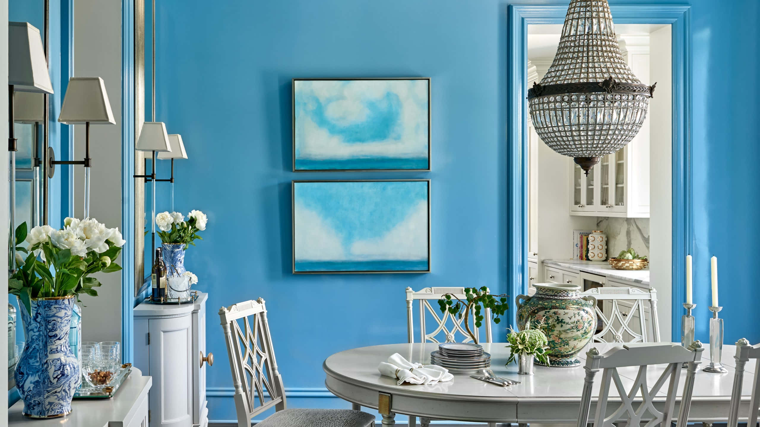 Cerulean Blue, dining room, white chairs, 2K Desktop Wallpaper