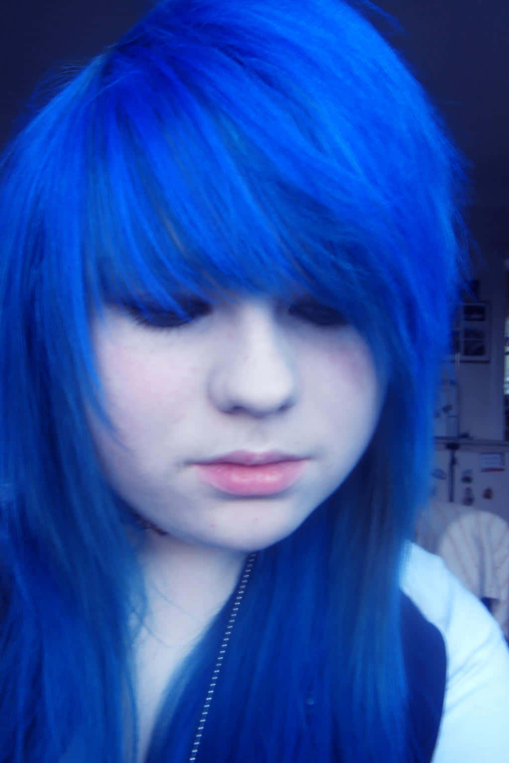 Cerulean Blue, vibrant blue hair, dimly lit indoor setting, HD Phone Wallpaper