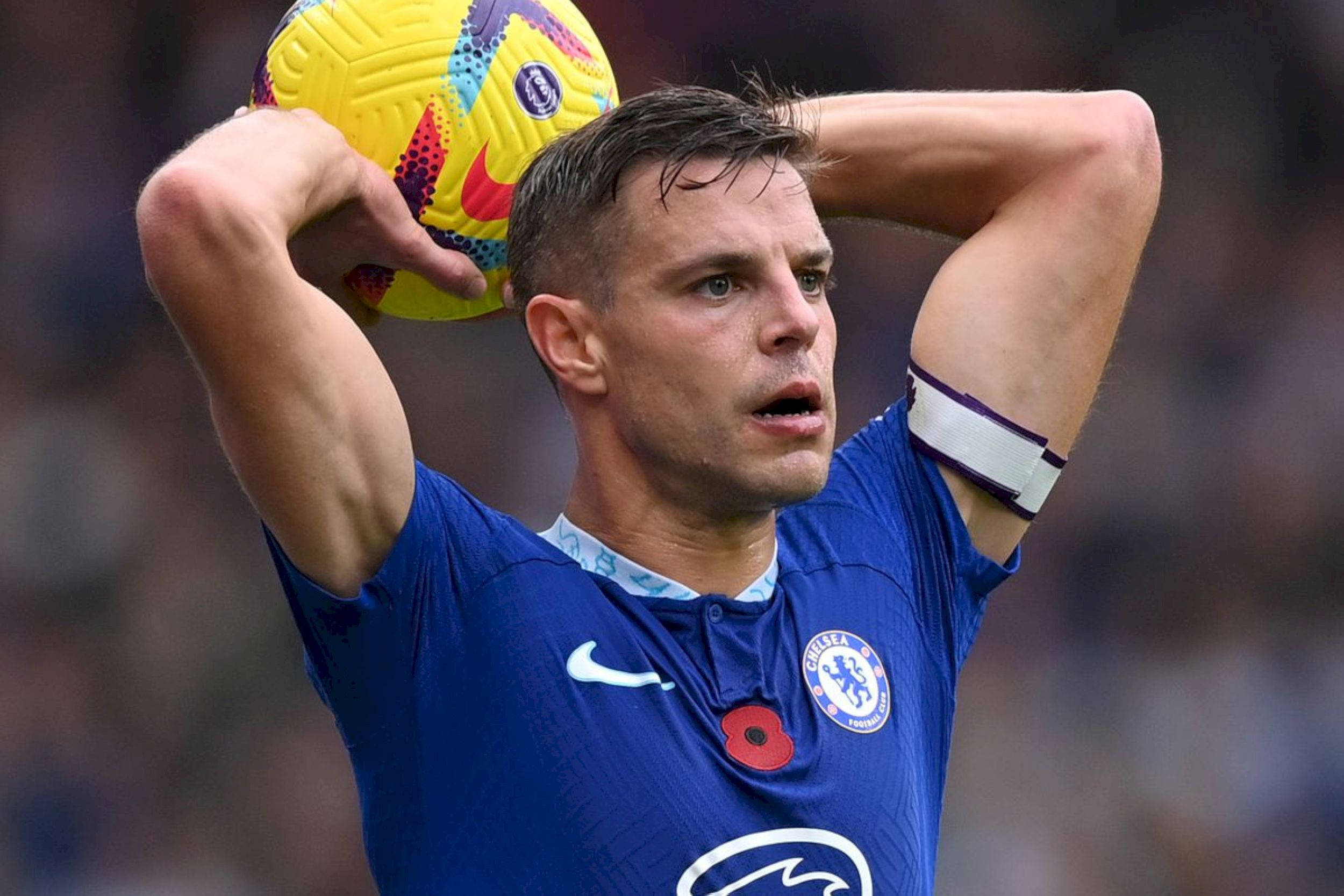 César Azpilicueta, blue Chelsea jersey, yellow football, Full HD Desktop Wallpaper