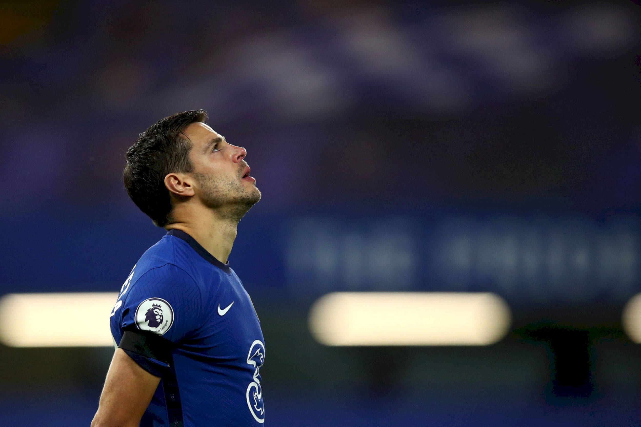 César Azpilicueta, blue Chelsea jersey, stadium lights, Full HD Desktop Wallpaper