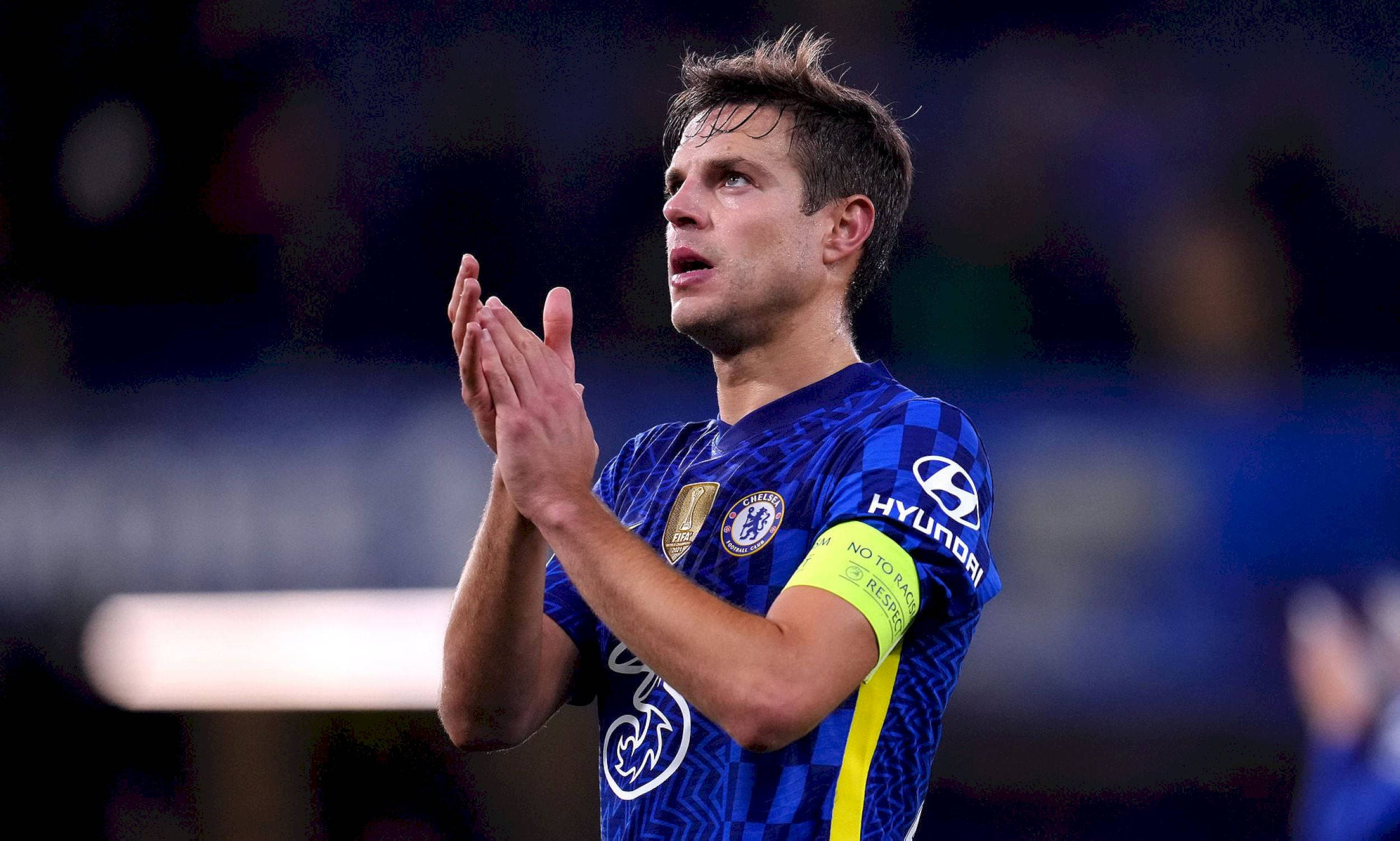 César Azpilicueta, blue Chelsea jersey, stadium lights, Full HD Desktop Wallpaper