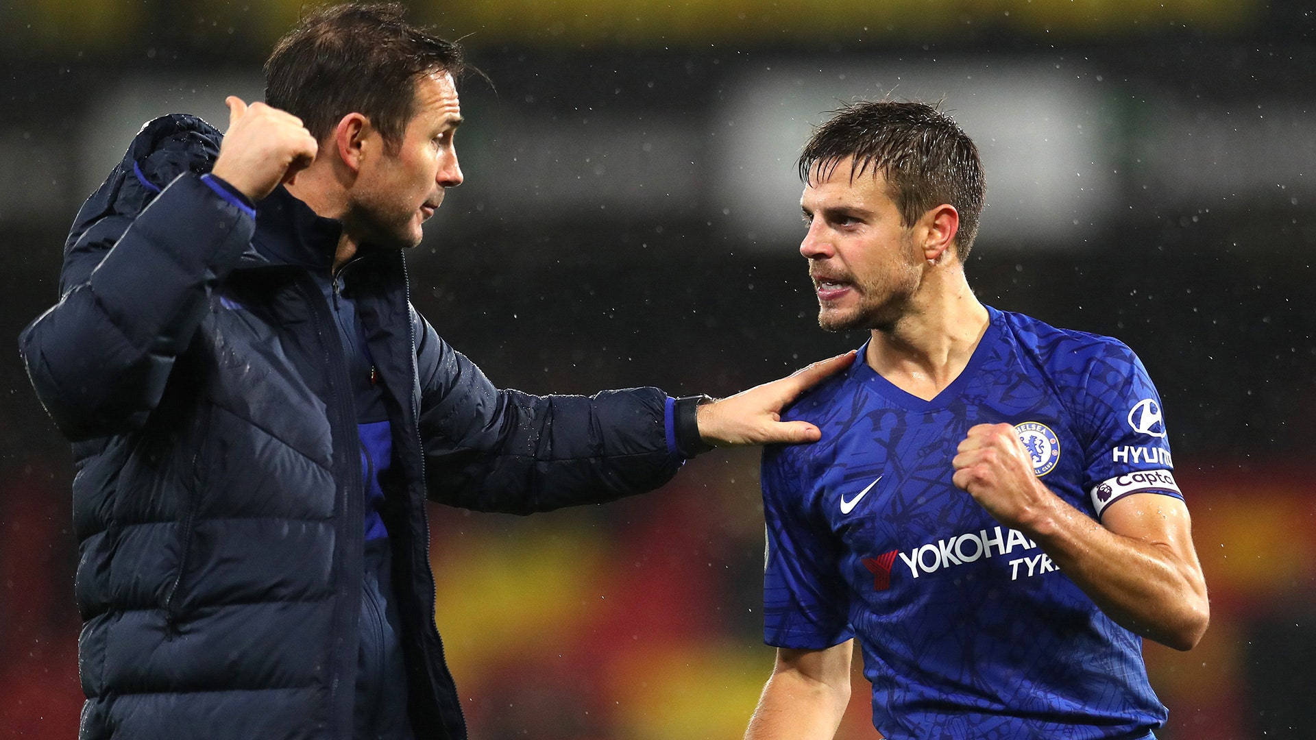 César Azpilicueta, rainy pitch, dark jacket, Full HD Desktop Wallpaper