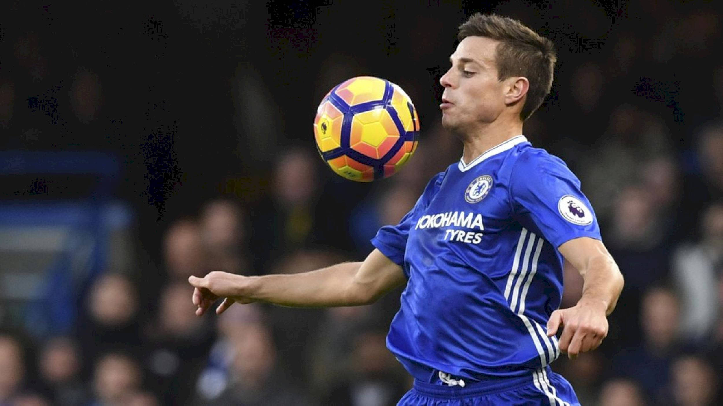 César Azpilicueta, blue Chelsea jersey, vibrant yellow and orange ball, Full HD Desktop Wallpaper