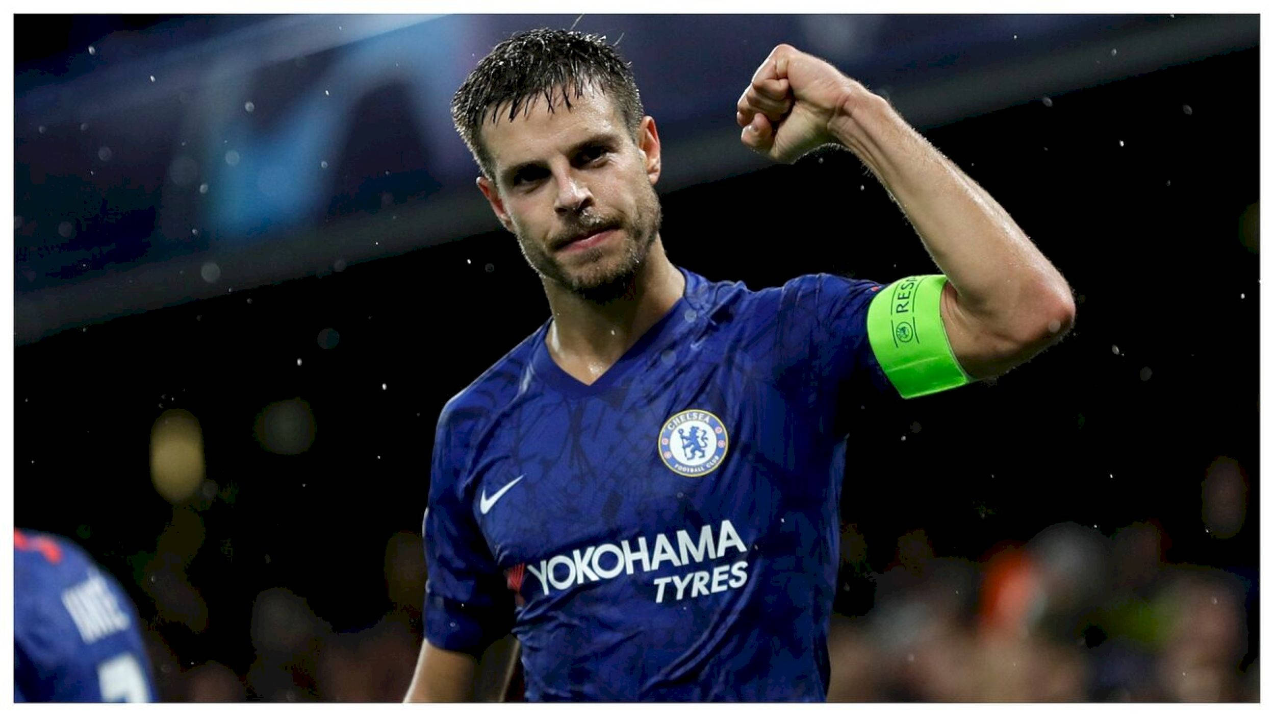 César Azpilicueta, blue Chelsea jersey, stadium lights, Full HD Desktop Wallpaper
