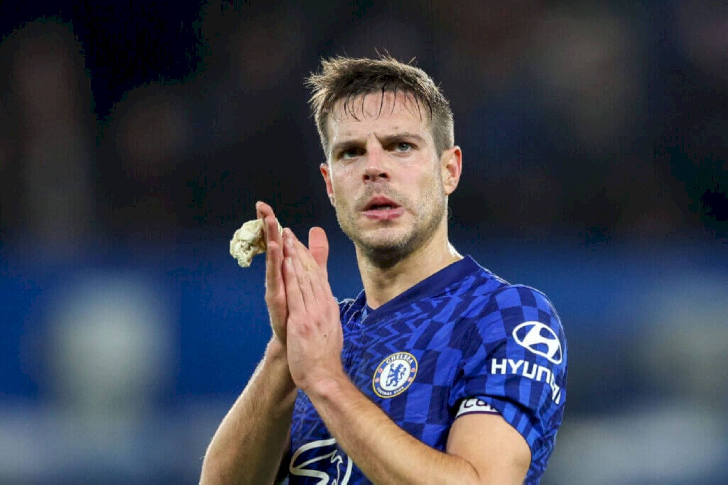 César Azpilicueta, blue checkered jersey, claps hands, Full HD Desktop Wallpaper