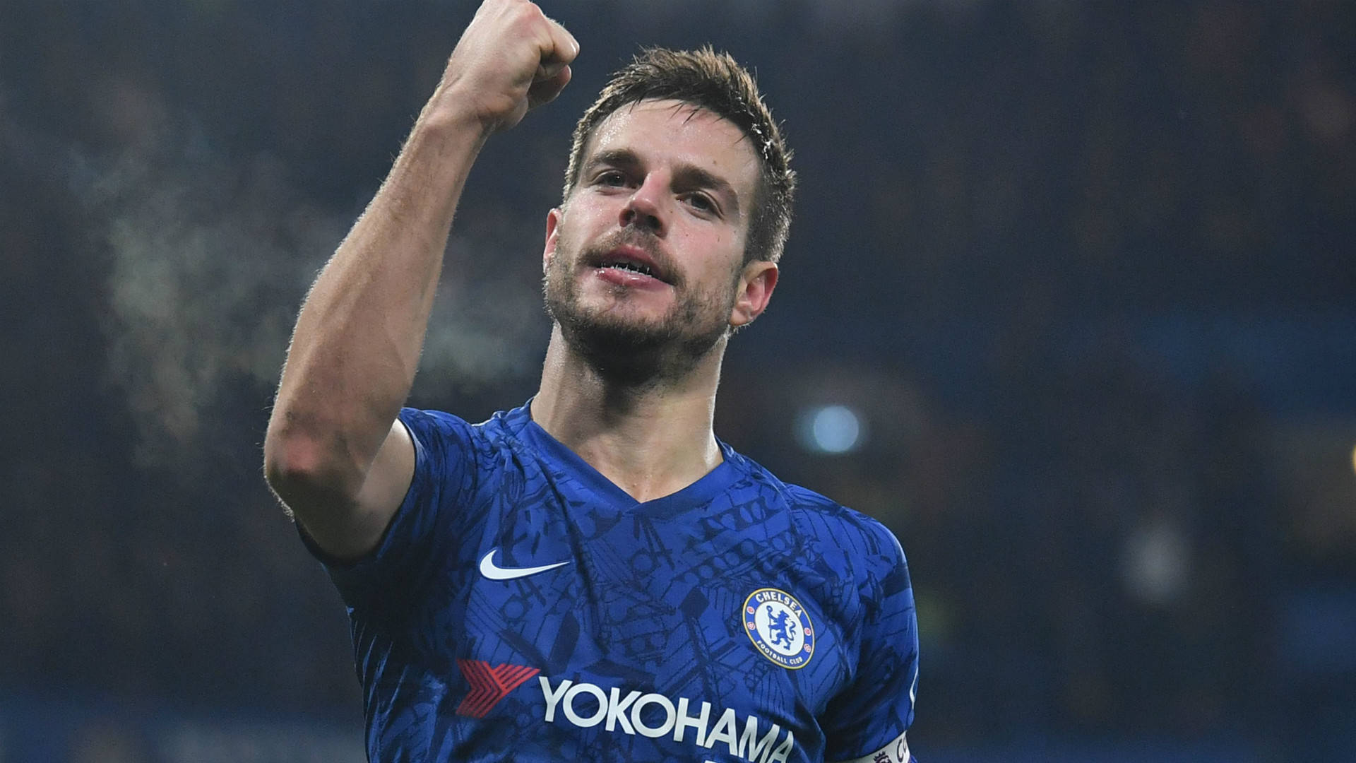 César Azpilicueta, blue Chelsea jersey, stadium lights, Full HD Desktop Wallpaper