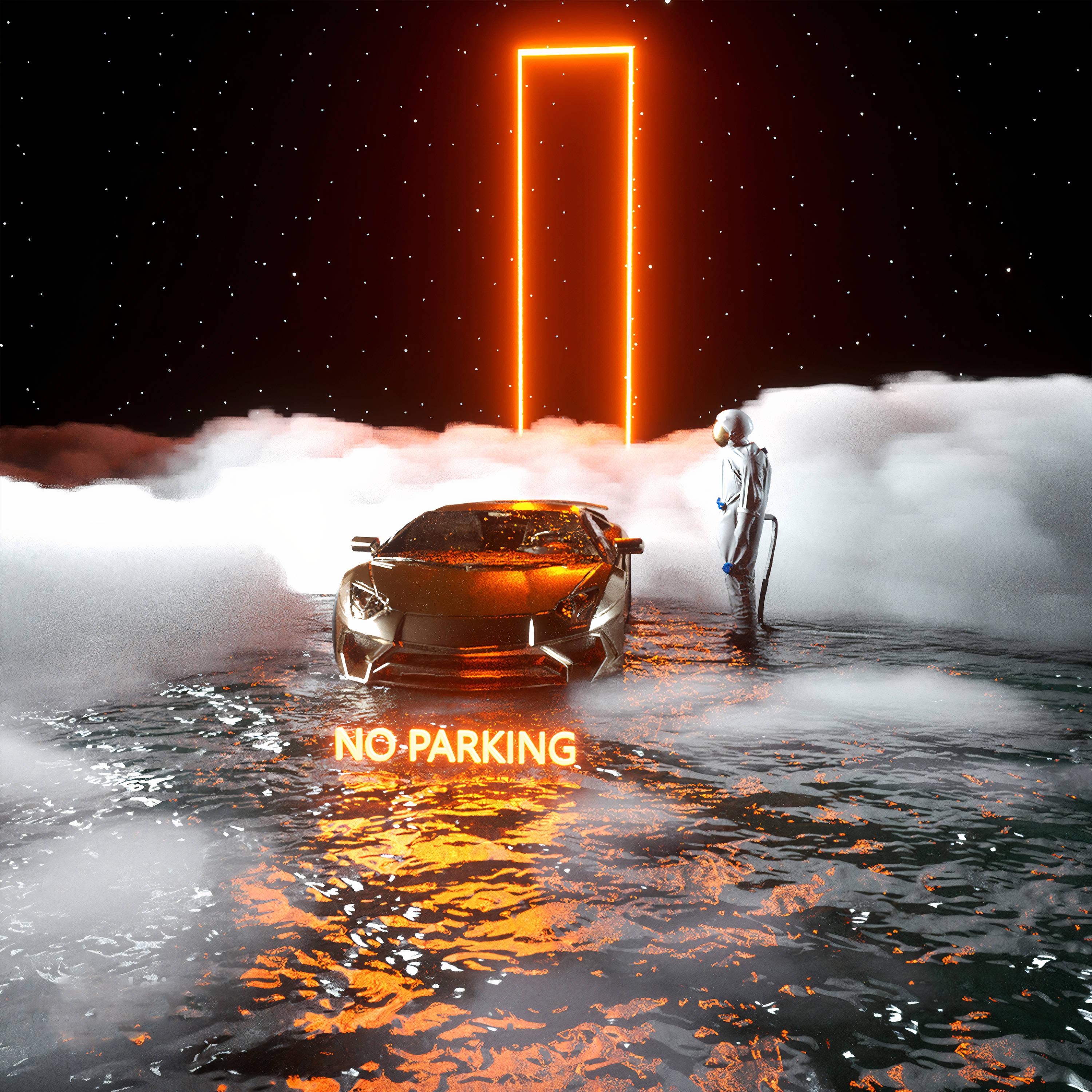 sleek sports car, glowing orange portal, starry sky, 2K Desktop Wallpaper