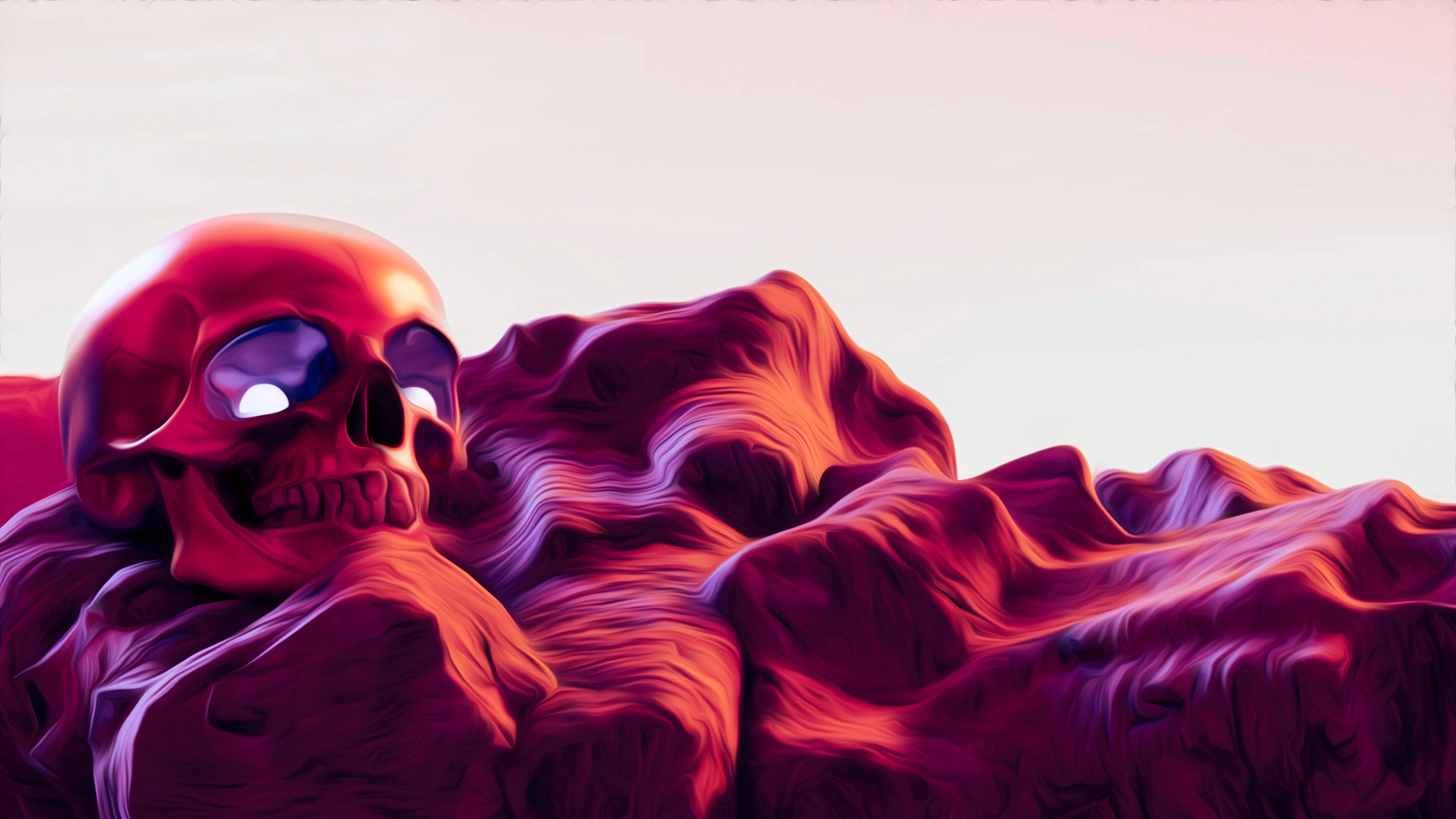 glowing red skull, swirling crimson and magenta fabric, soft pastel sky, 8K Desktop Wallpaper