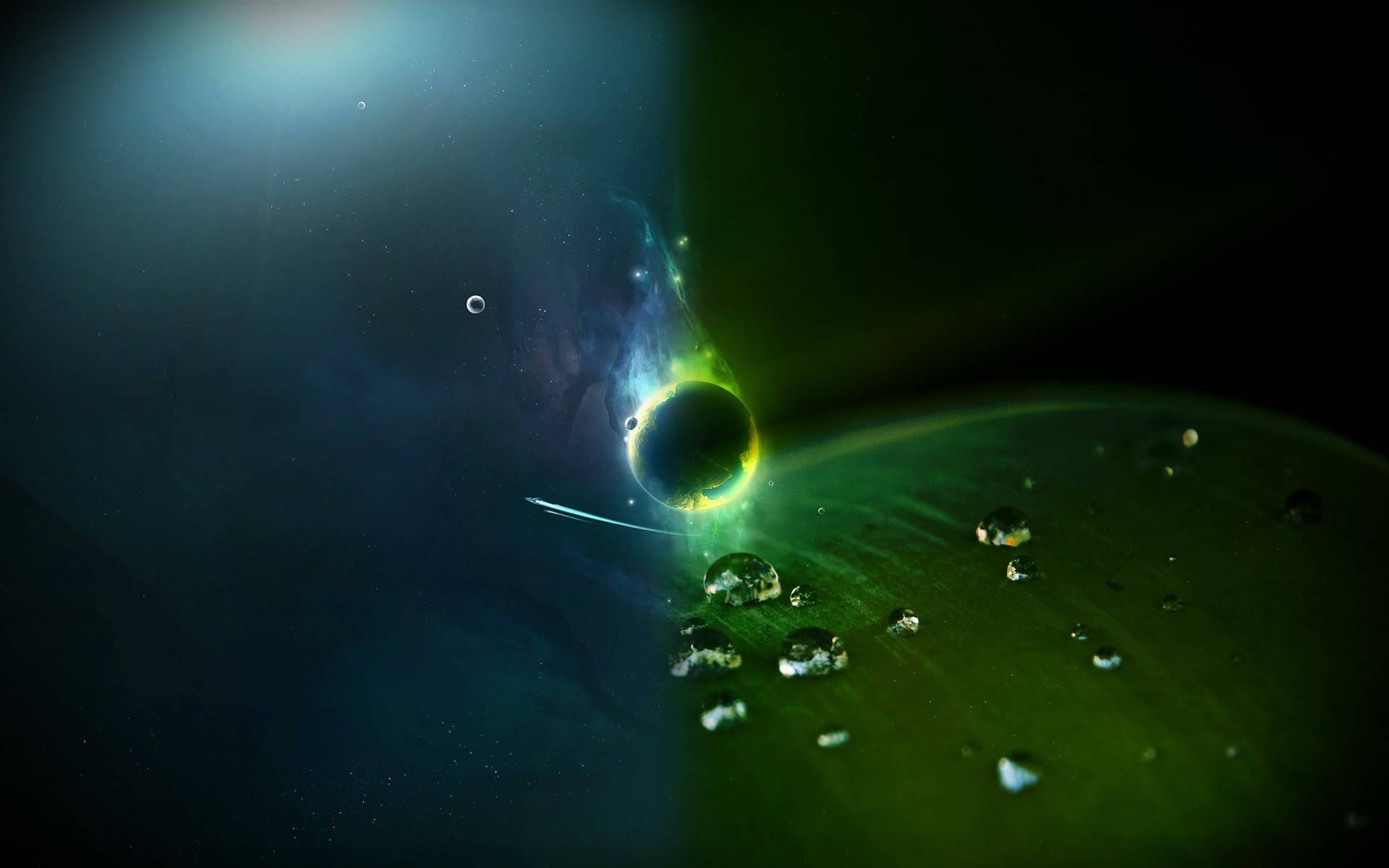 crystal ball, glowing green planet, water droplets, Full HD Desktop Wallpaper