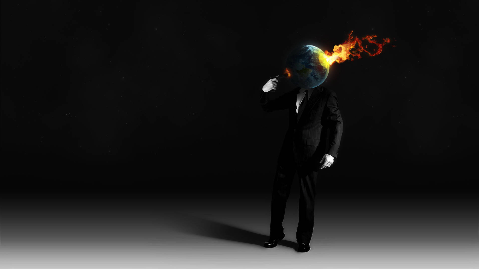 globe, flaming Earth, suited figure, Full HD Desktop Wallpaper