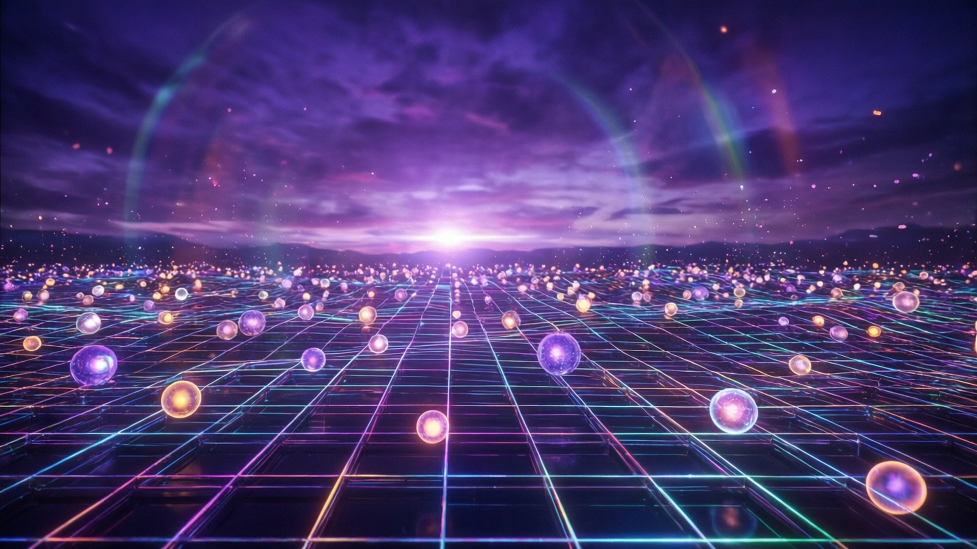 Neon Grid Twilight, neon grid landscape, purple twilight sky, Full HD Desktop Wallpaper