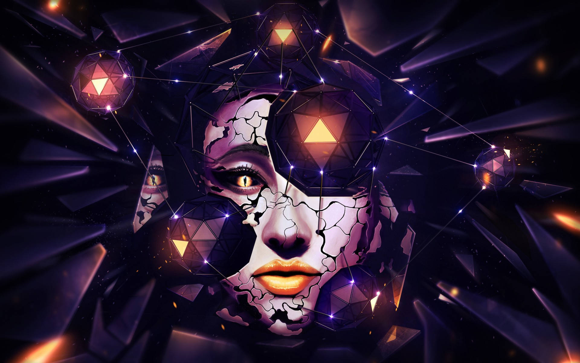 female robotic head, glowing eyes, geometric crystals, Full HD Desktop Wallpaper