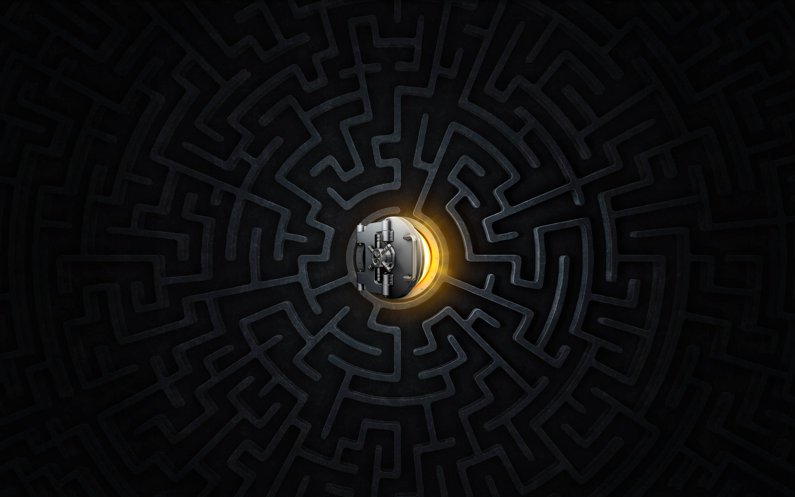 golden, vault door, dark intricate maze, 2K Desktop Wallpaper