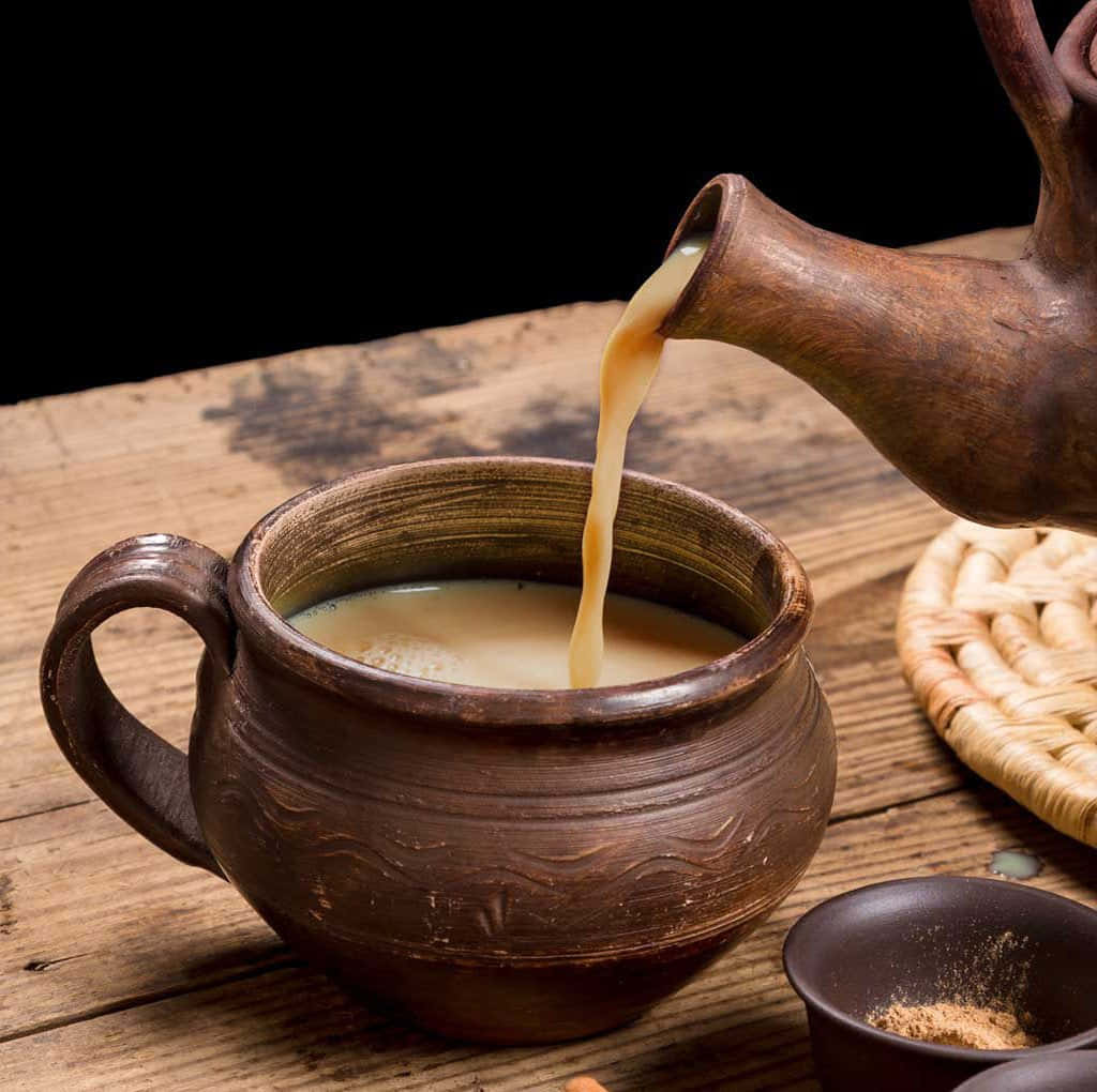 traditional Indian chai tea, rustic wooden teapot, handmade clay mug, SD Desktop Wallpaper