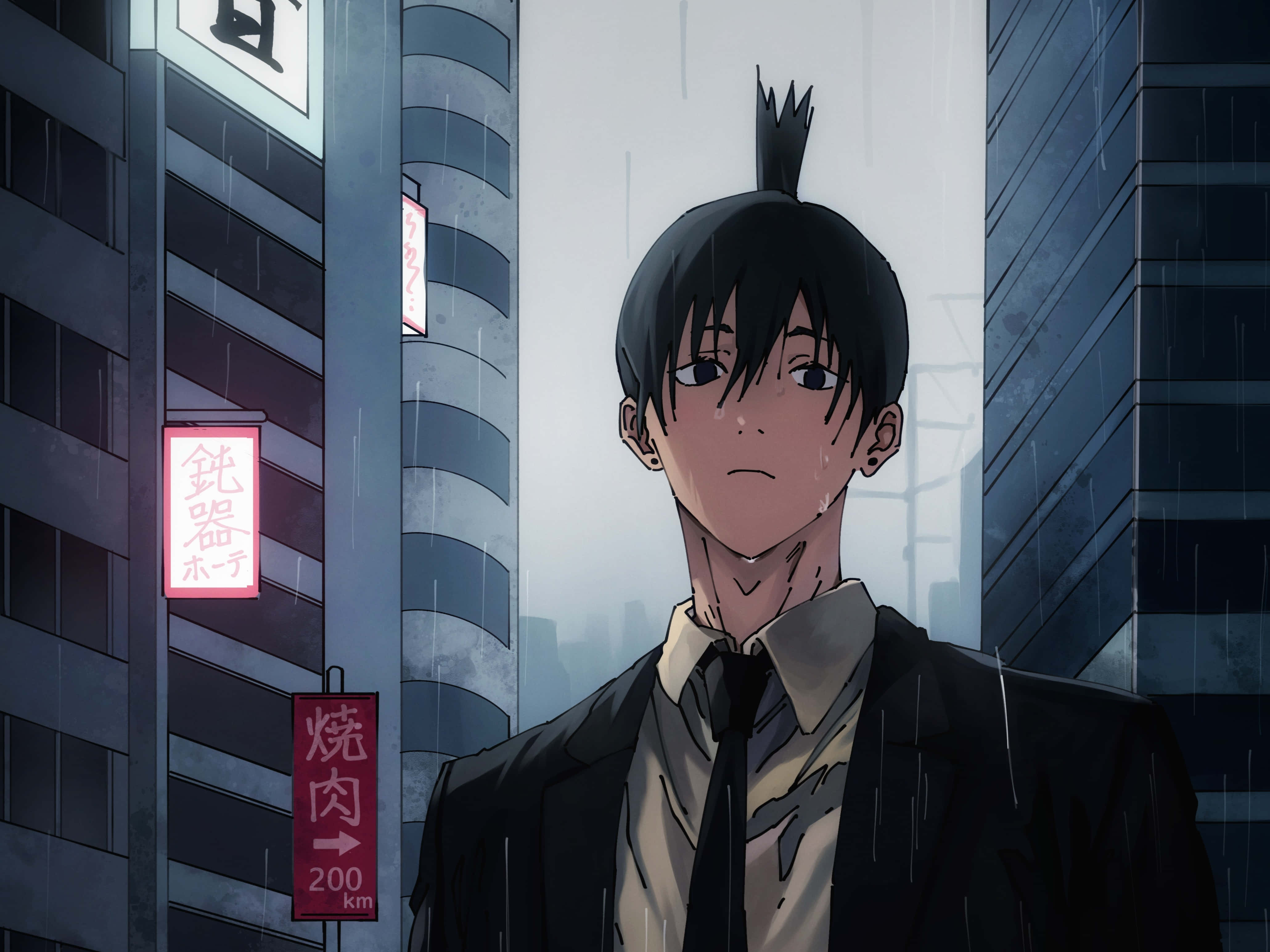 Aki Hayakawa, rainy urban alleyway, tall buildings, 4K Desktop Wallpaper