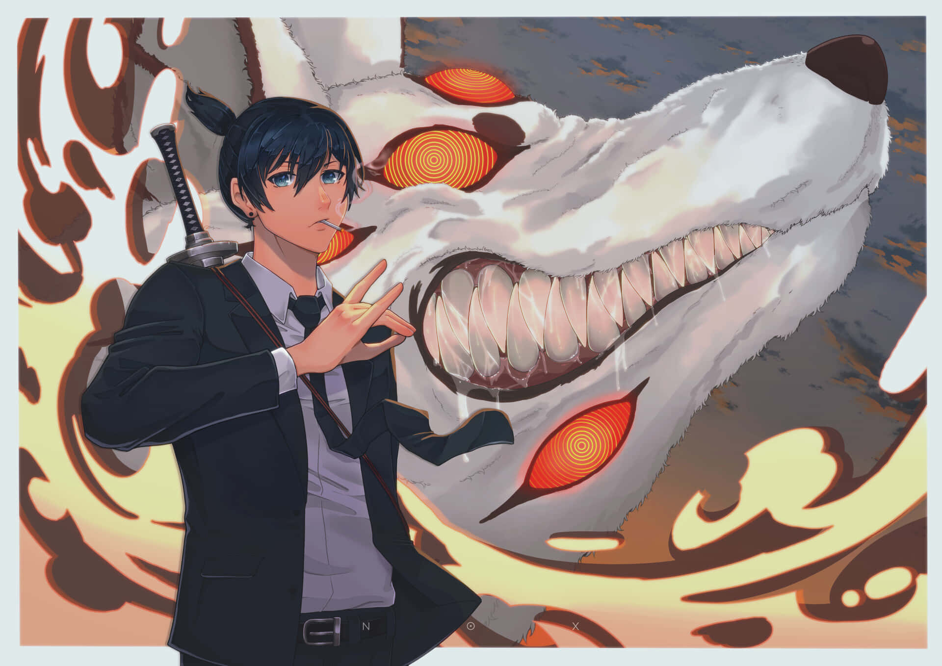 Aki Hayakawa, Chainsaw Man, white fox, Full HD Desktop Wallpaper