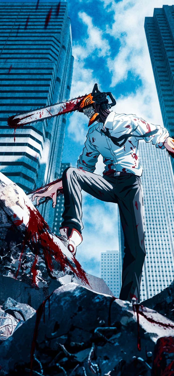 Chainsaw Man, chainsaw-wielding anime character, rubble, HD Phone Wallpaper