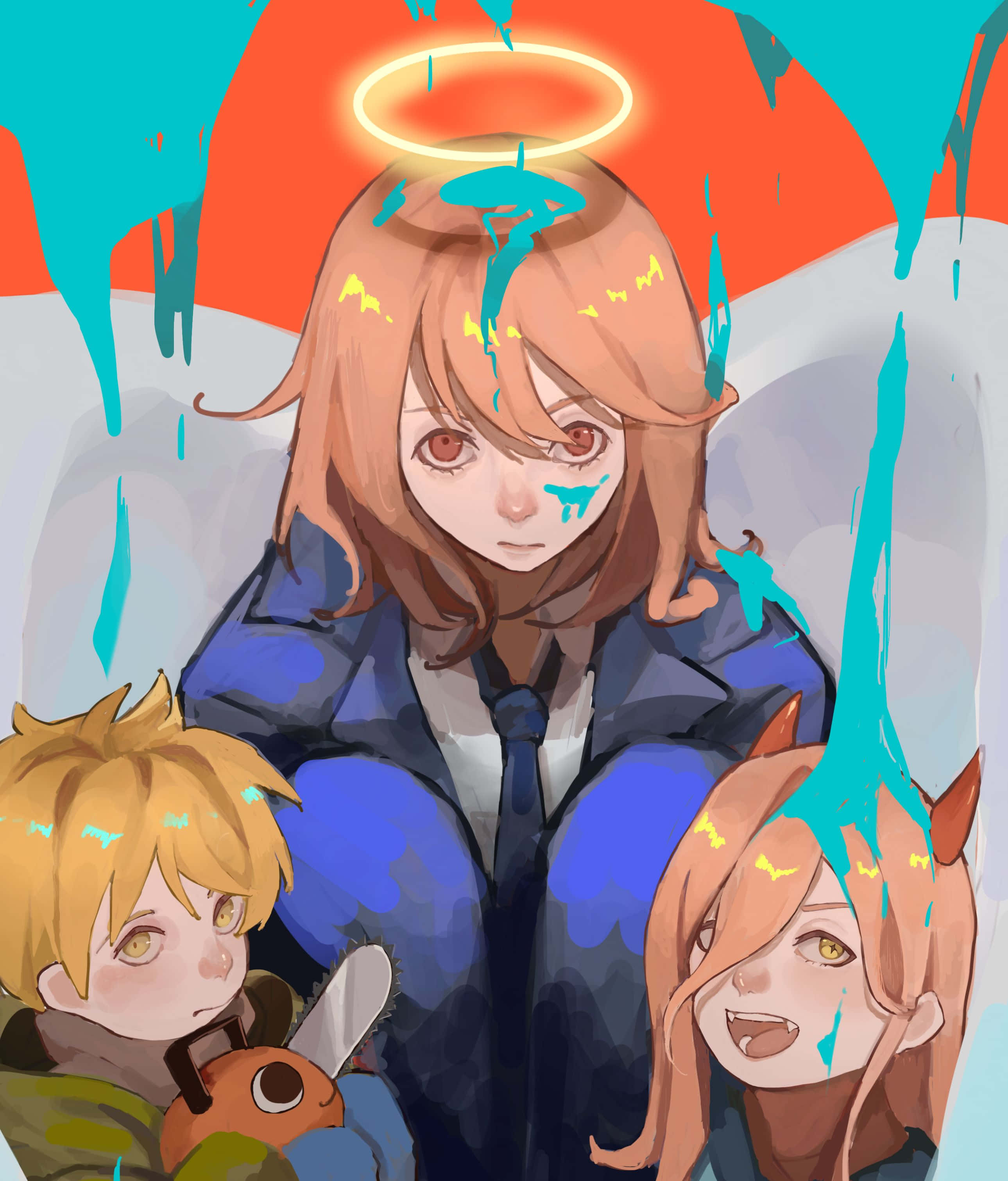 Chainsaw Man, Angel Devil, teal paint drips, 2K Phone Wallpaper