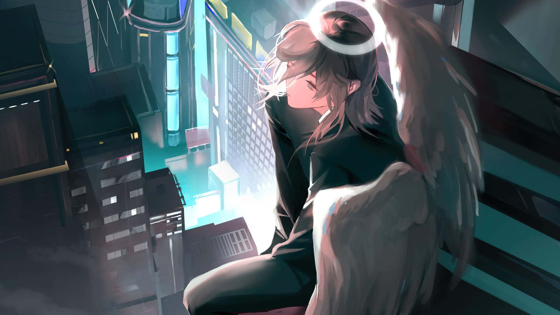 Angel Devil, Chainsaw Man, neon-lit cyberpunk cityscape, Full HD Desktop Wallpaper