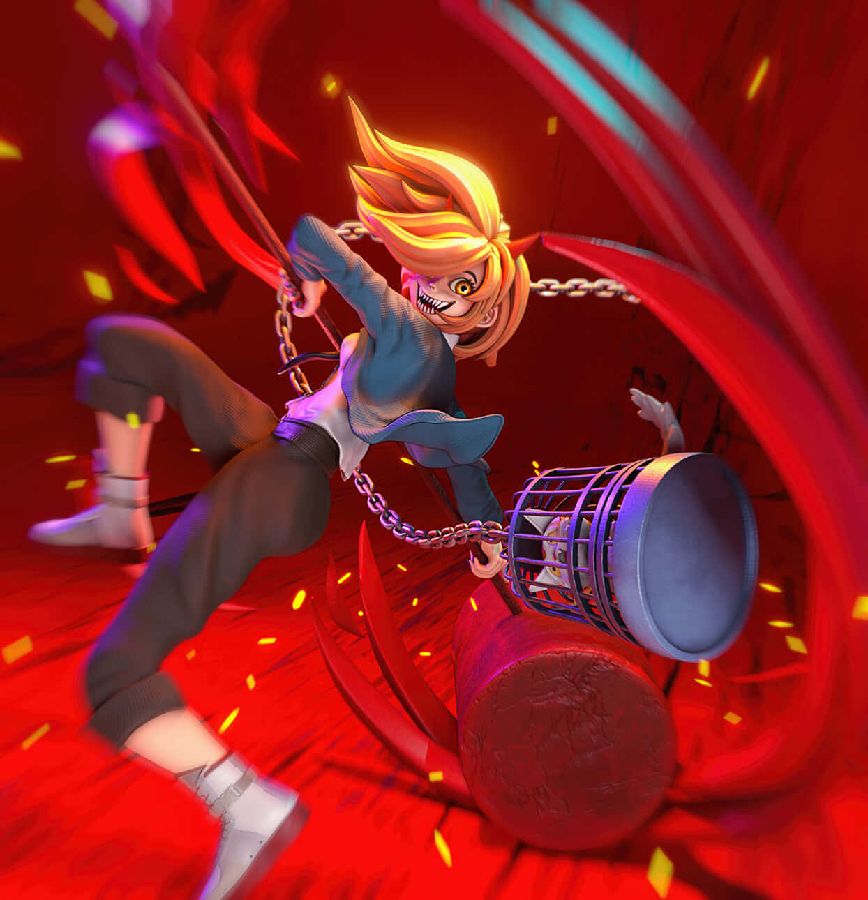 Chainsaw Man, spiky blonde hair, chained hammer, HD Phone Wallpaper